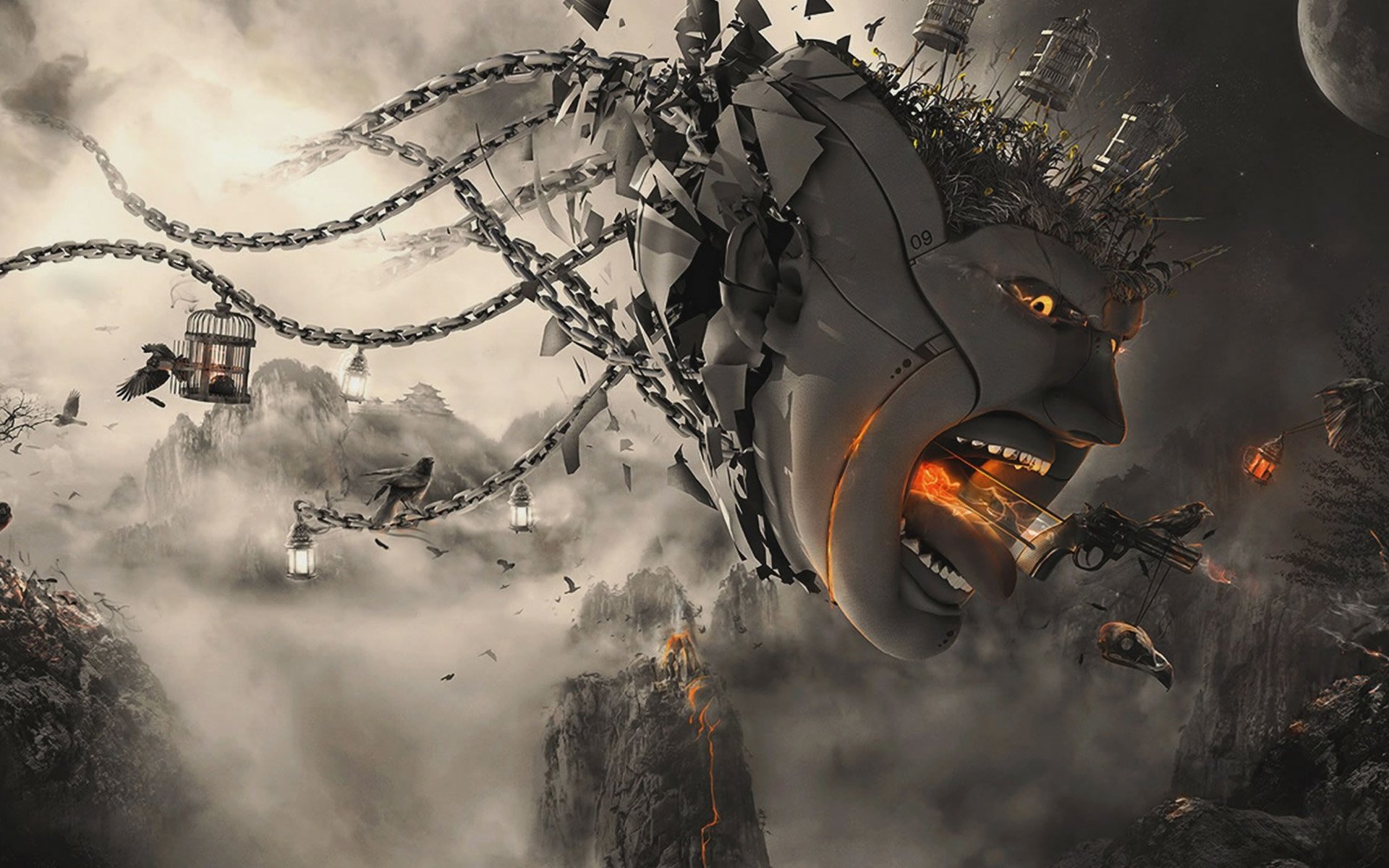 Surreal 3D Head with Chains HD Wallpaper