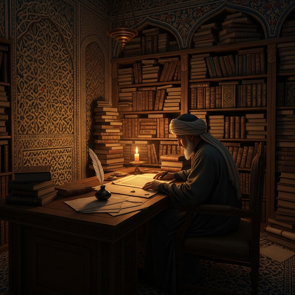 Gazzali's Traditional Islamic Scholar Study Room. AI Art Generator. Easy Peasy.AI