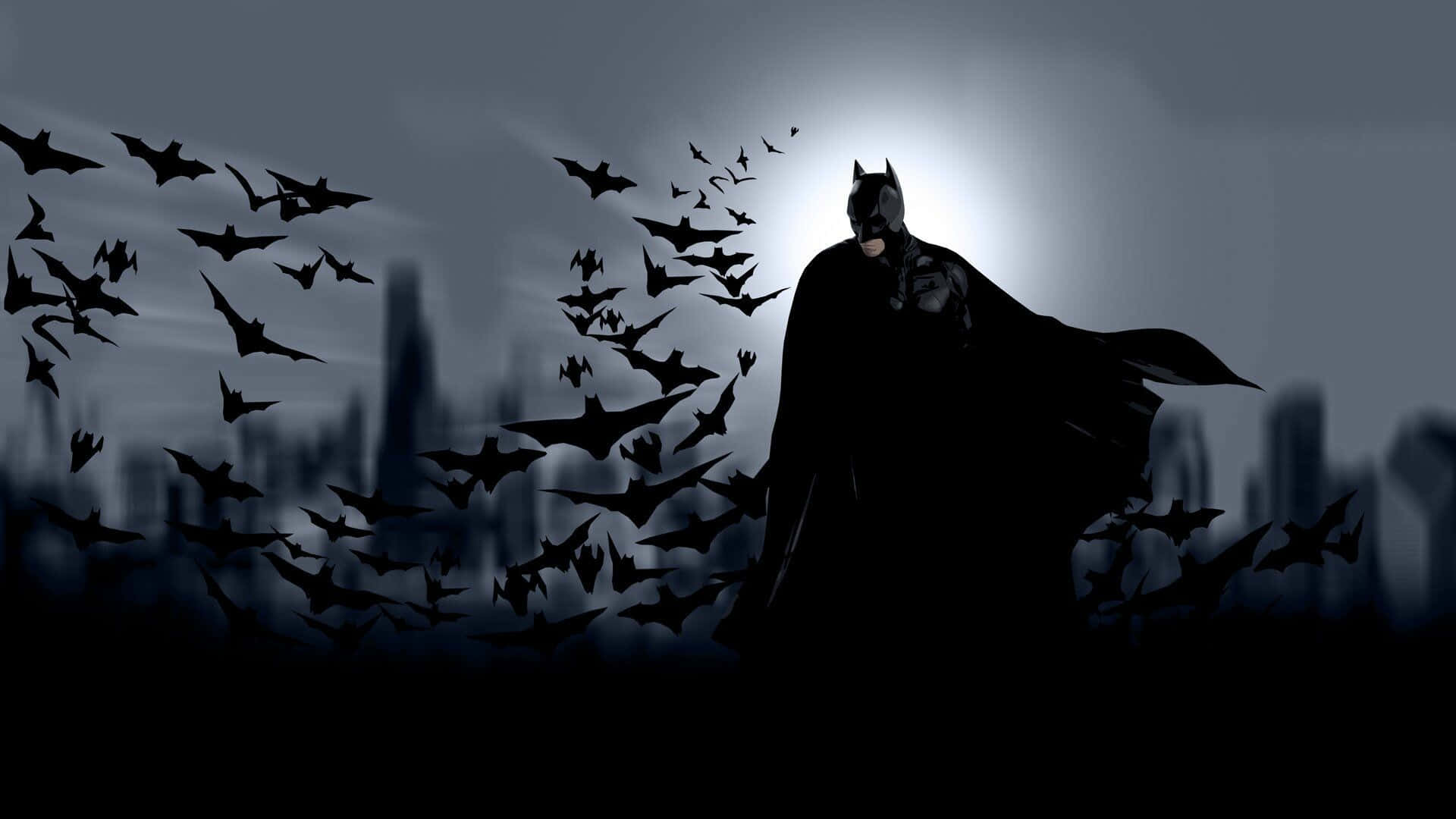 Download Batman In The Dark Sky With Bats Flying Around Him Wallpaper