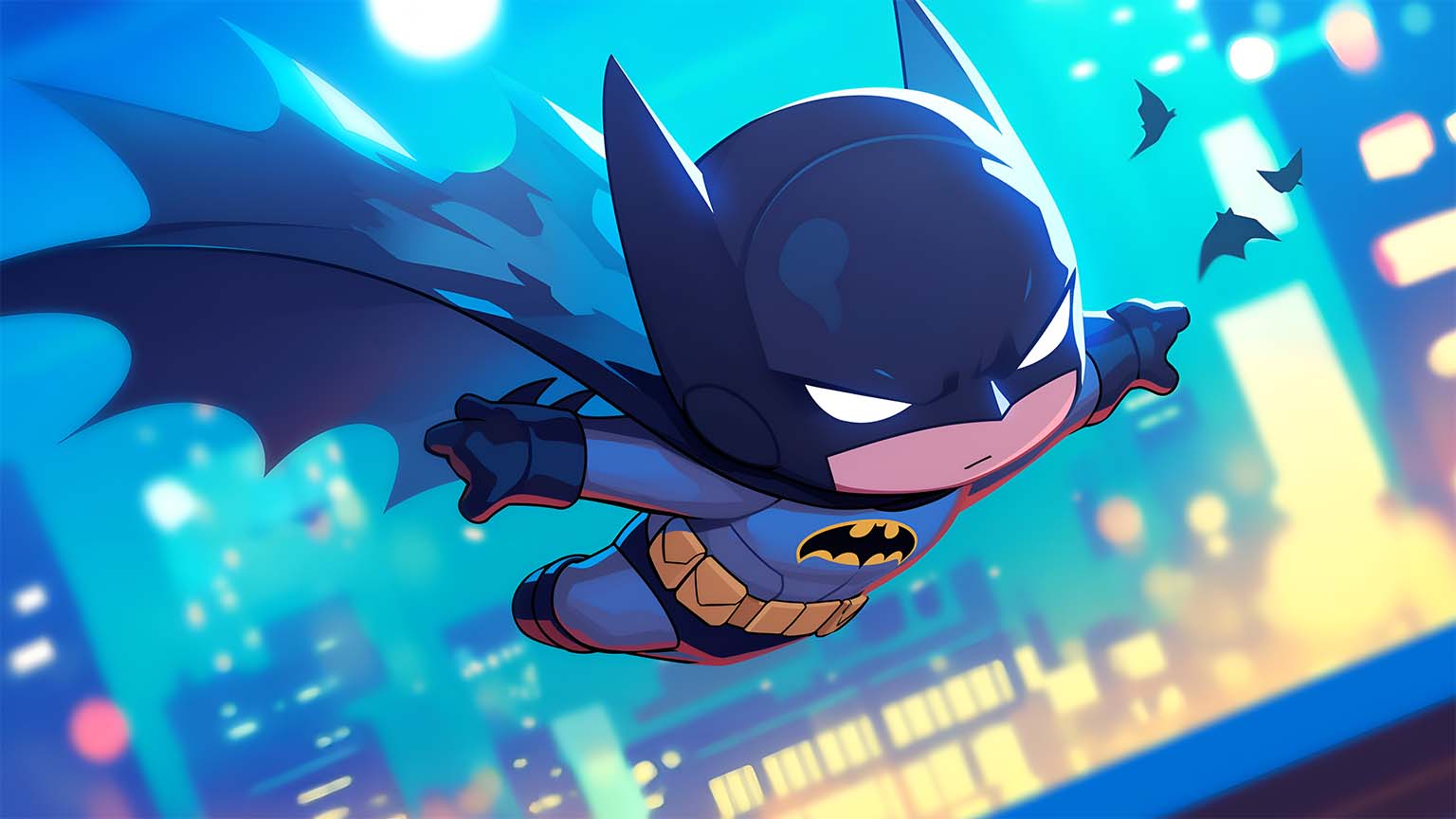 Chibi Batman Flying Cityscape Blur Desktop Wallpaper