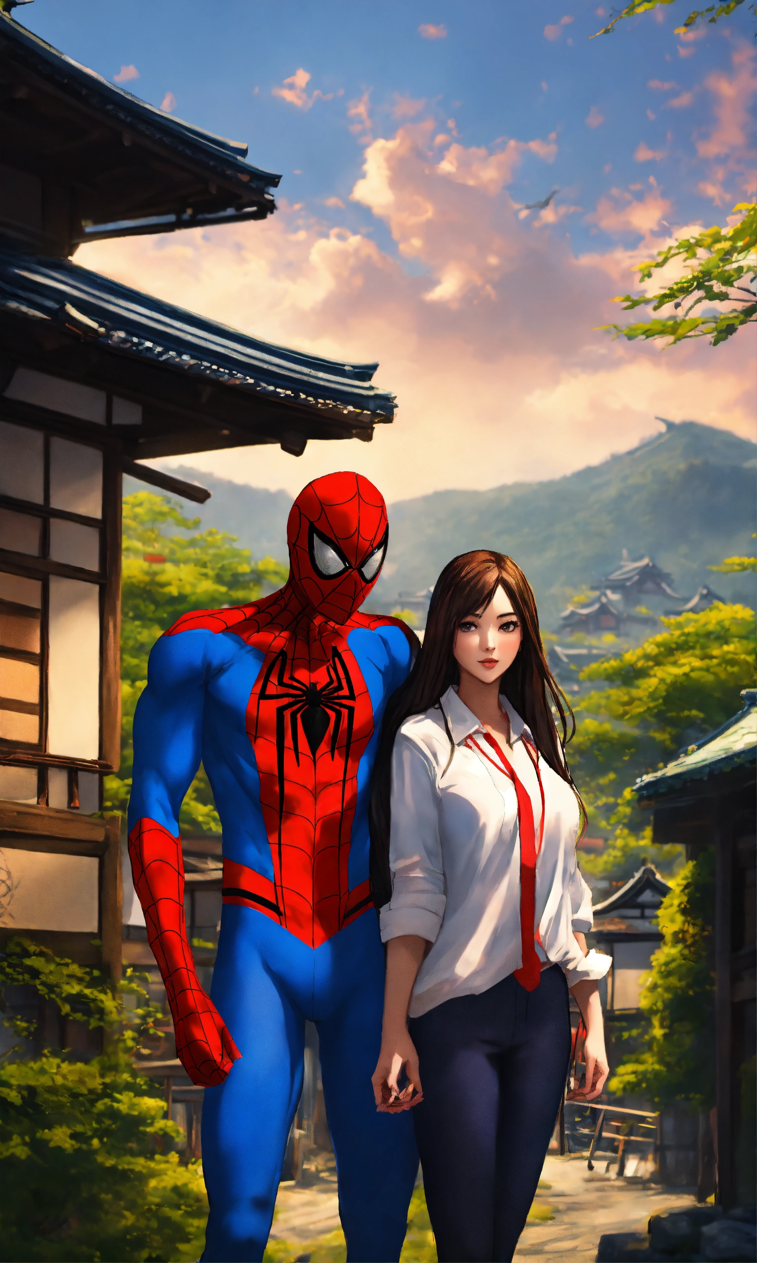 Spiderman with his hot girlfriend with long hair in Japan beautiful village, 2D render, nature background, standing