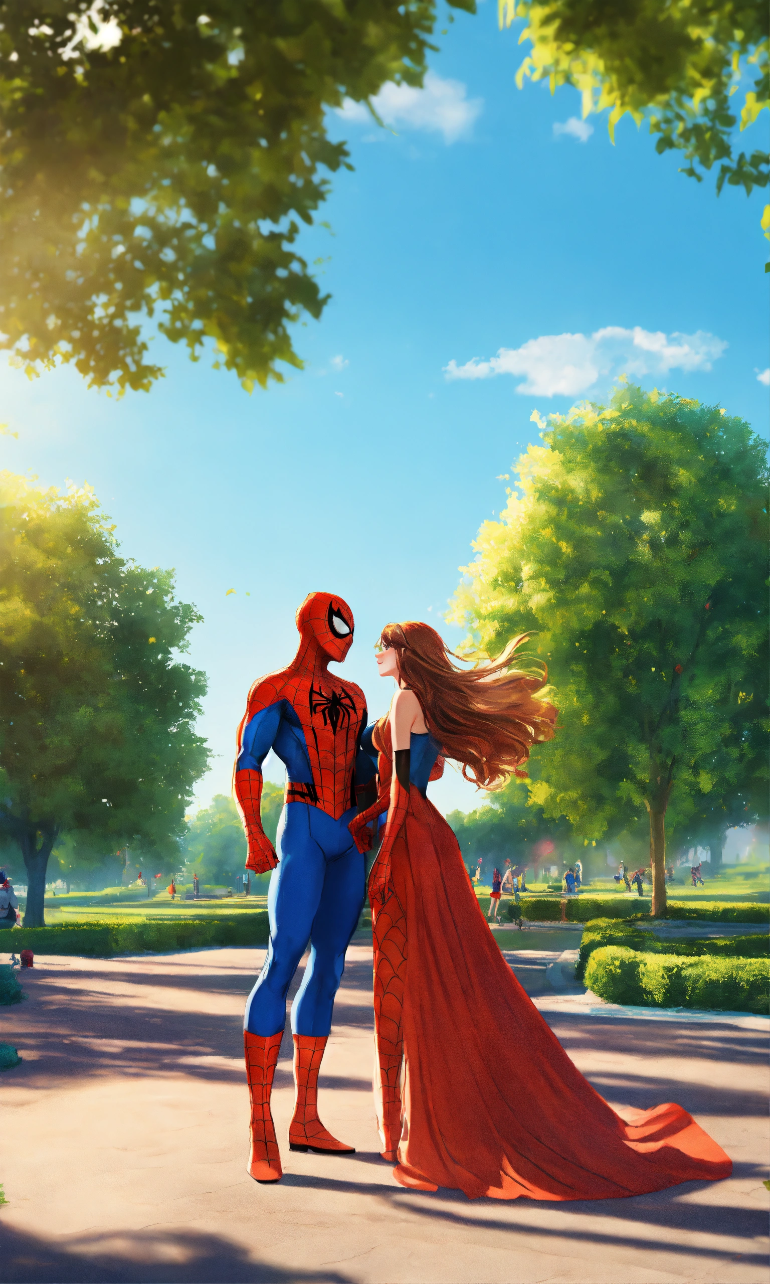 Spiderman with his hot girlfriend with long hair wearing long drees at the park, nature background and blue sky, 2D render