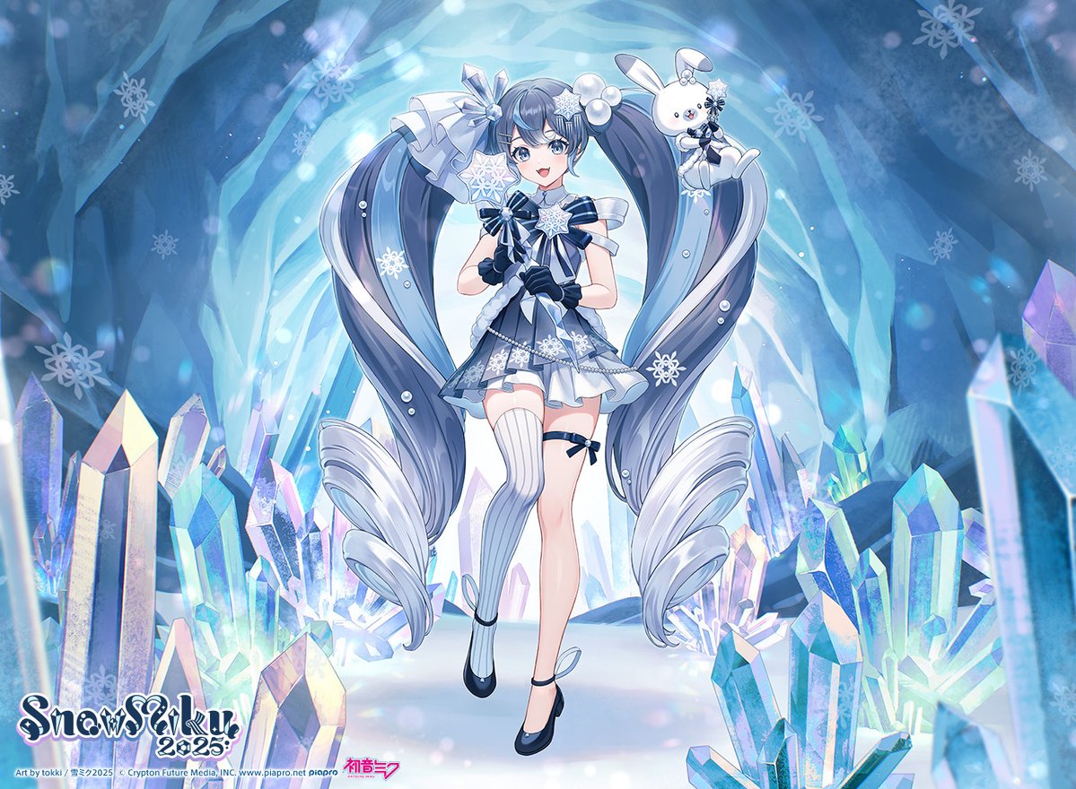 SNOW MIKU 2025】 Main Visual by tokki ! Based on the costume theme, adorable Snow Miku and Rabbit Yukine are in a cave of dazzling crystals
