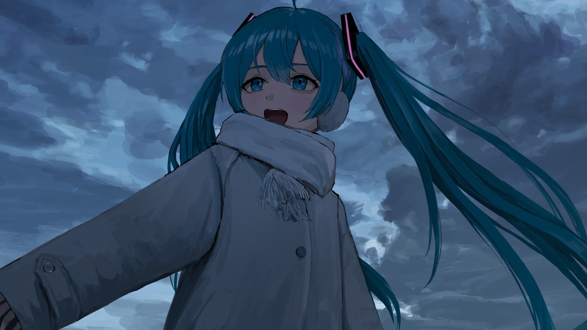 Blue Eyes Hatsune Miku Long Hair Muffler White Dress Sky HD Anime Girl Wallpaper