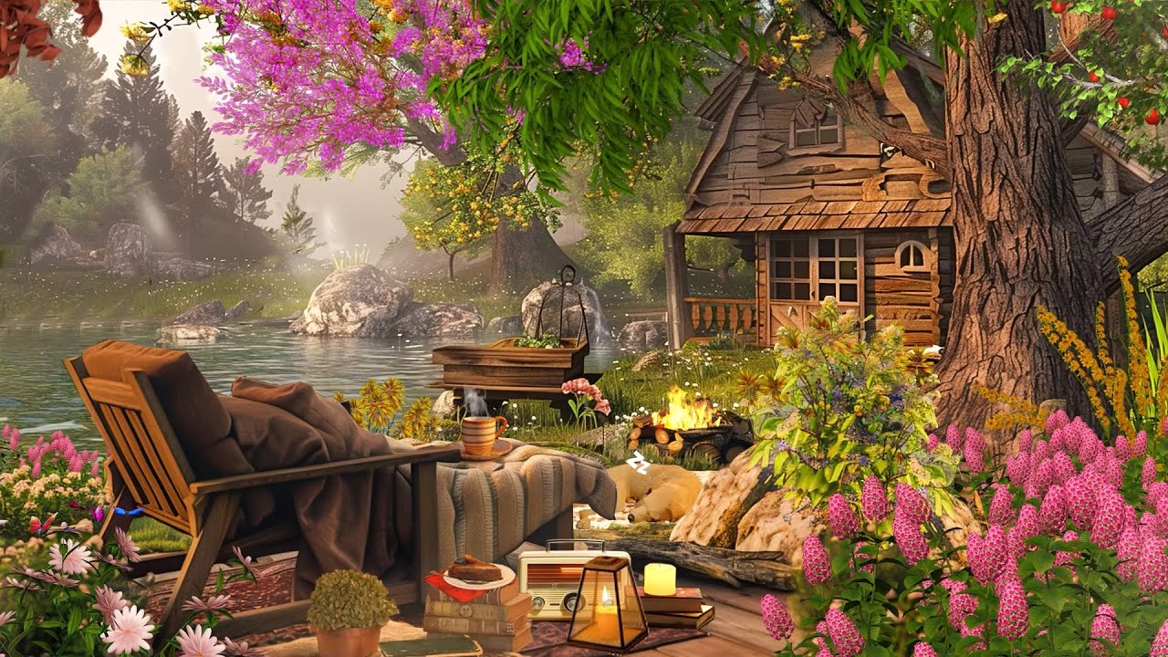 Cozy Spring Cottage Ambience with Relaxing Forest Birdsong, Campfire and Lakeshore Water Sounds