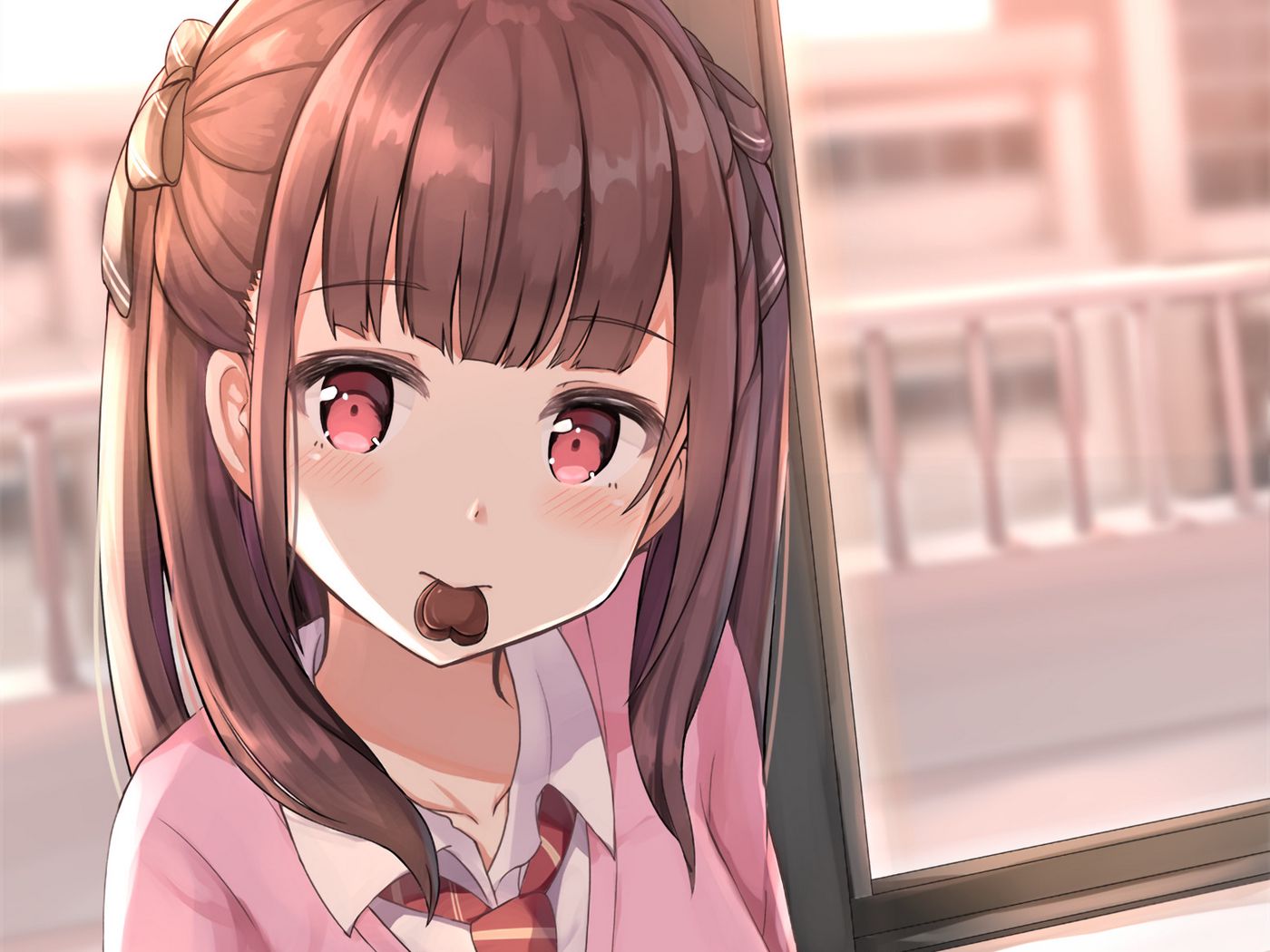 Download wallpaper 1400x1050 girl, glance, chocolate, heart, anime, cute standard 4:3 HD background