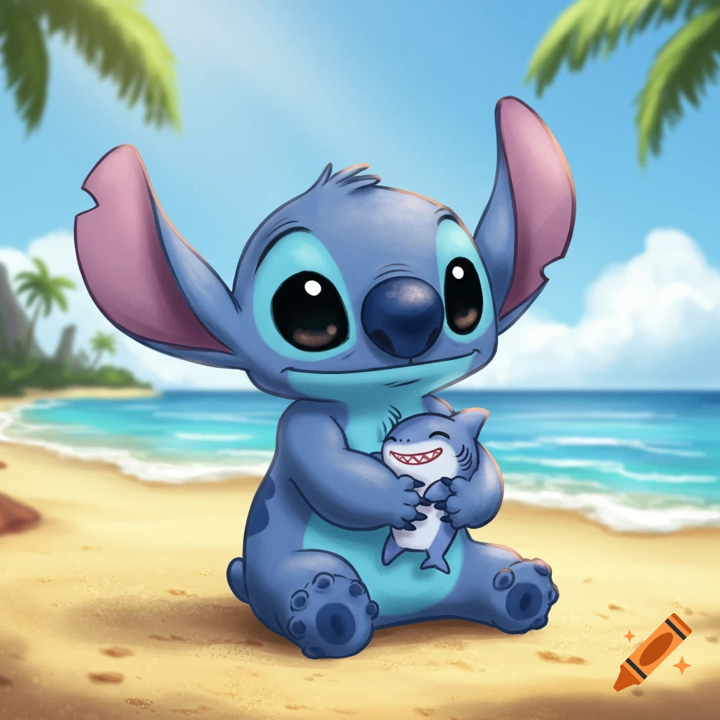 Chibi Stitch, a blue alien, sits on a sandy beach holding a small smiling shark against a backdrop of the ocean and palm trees. on Craiyon