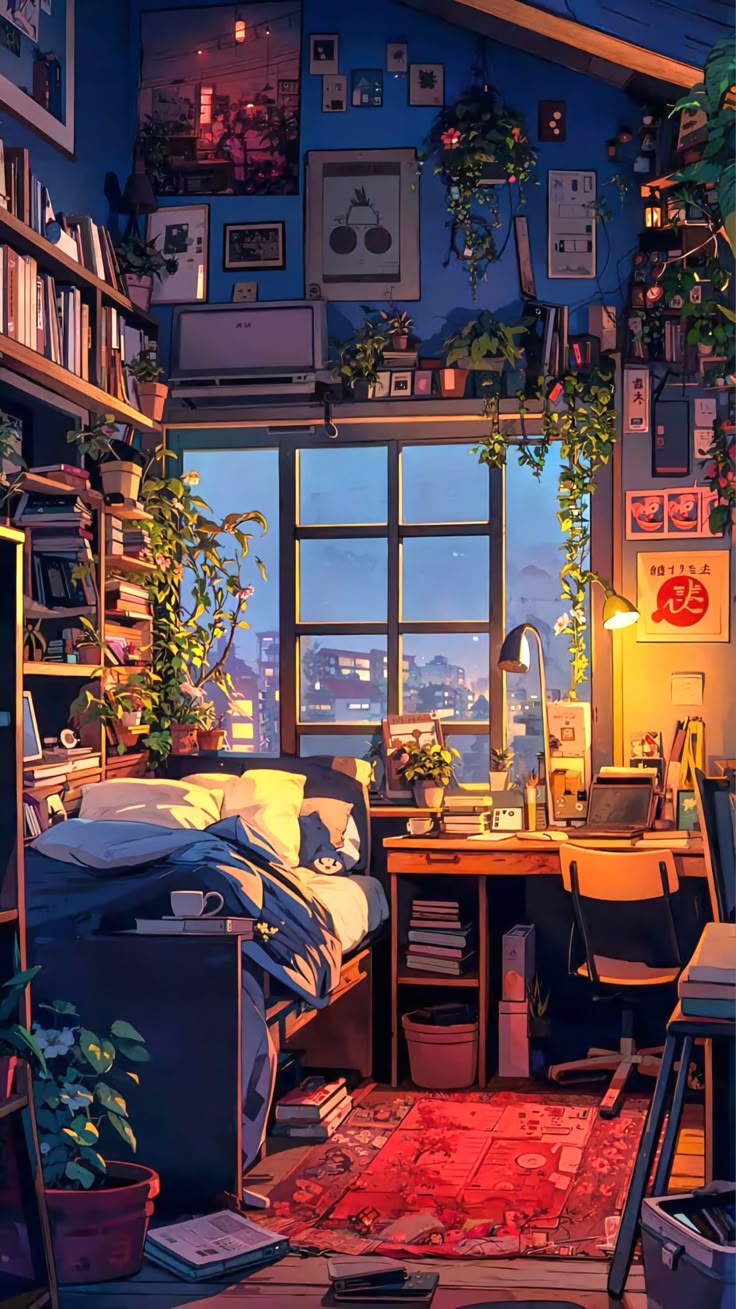 Cozy Room Filled with Plants and Books