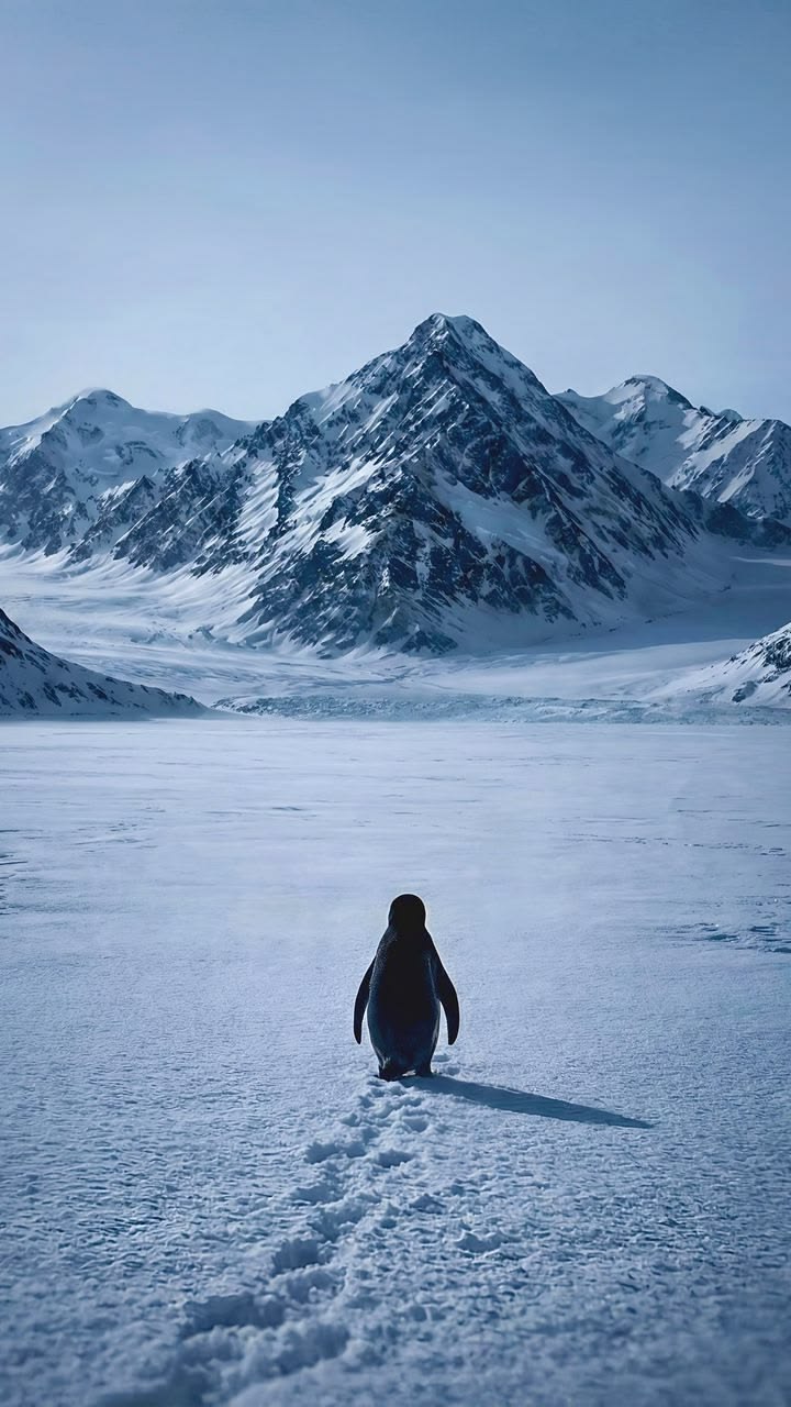 free 4K wallpaper nihilist, penguin, antarctica, alone, lonely, mountains, snow, ice, bird