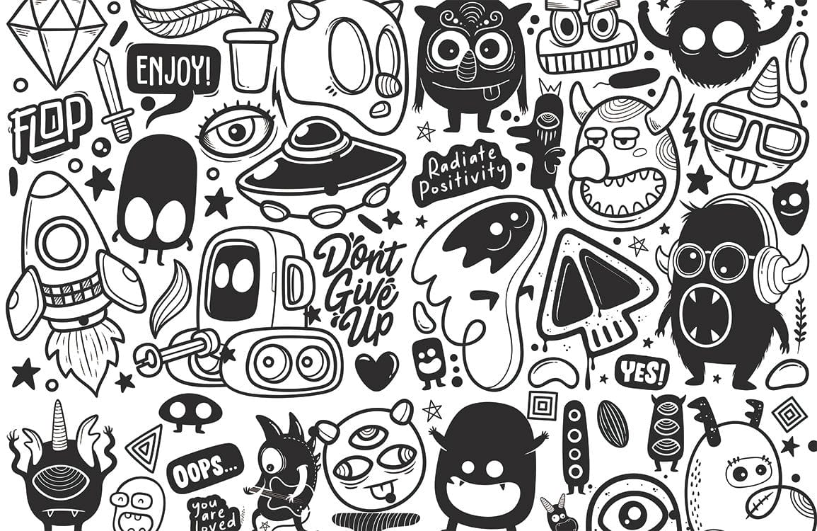 Monochrome Quirky Doodle Mural Wallpaper for Creative Spaces and Bedrooms