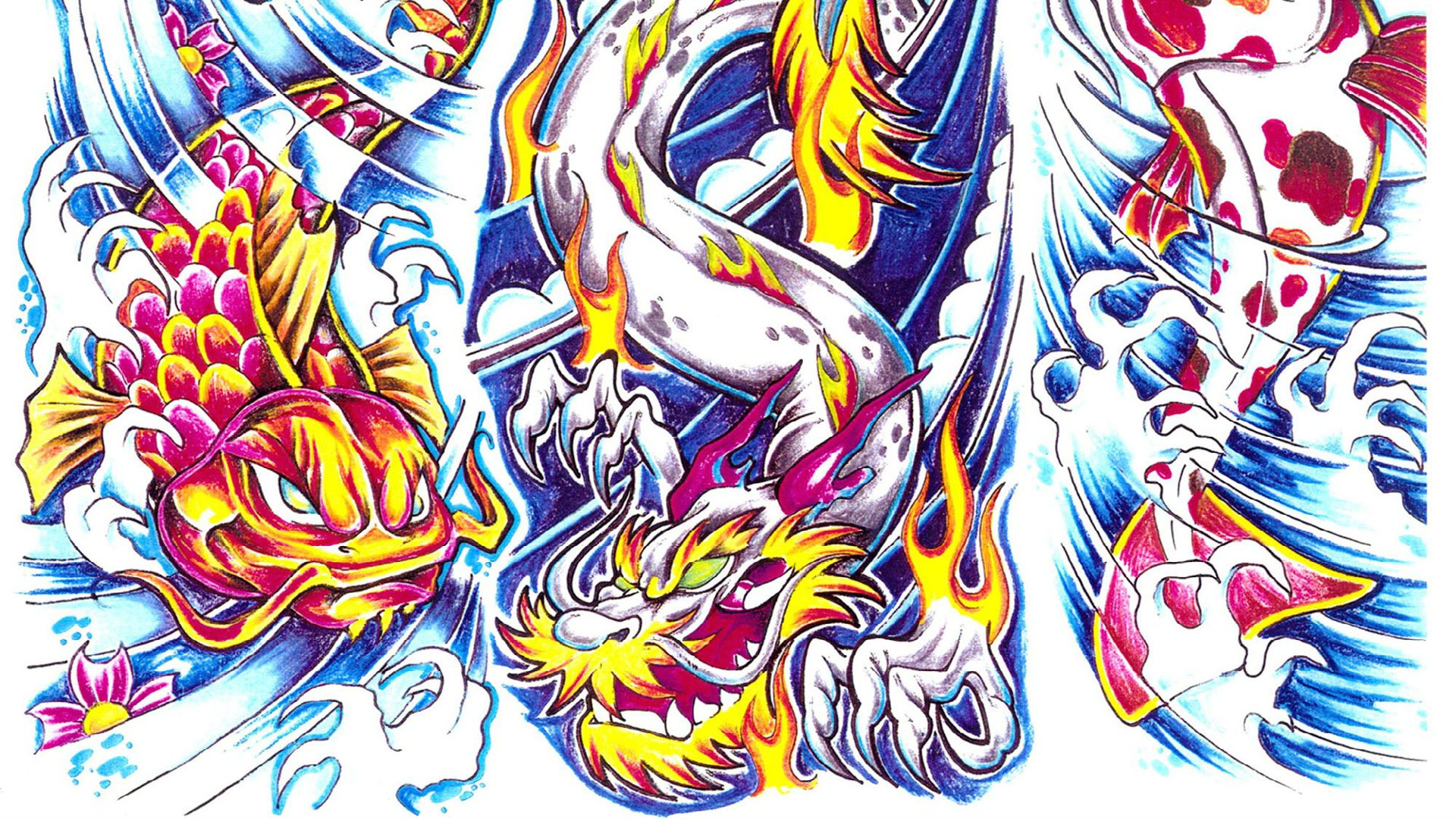 Artistic Fish Dragon Tattoo HD Trippy Wallpaper