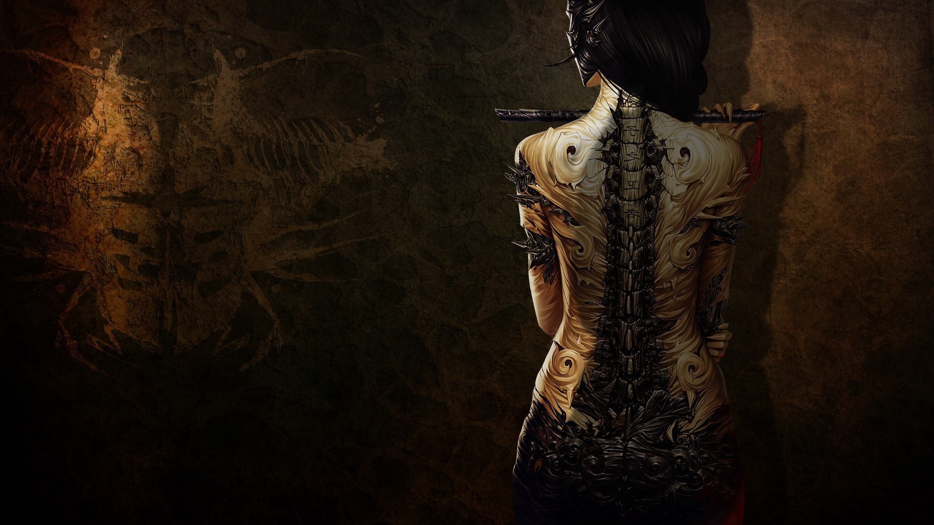 Figure spine tattoo on the back of the girl Desktop wallpaper 1920x1080
