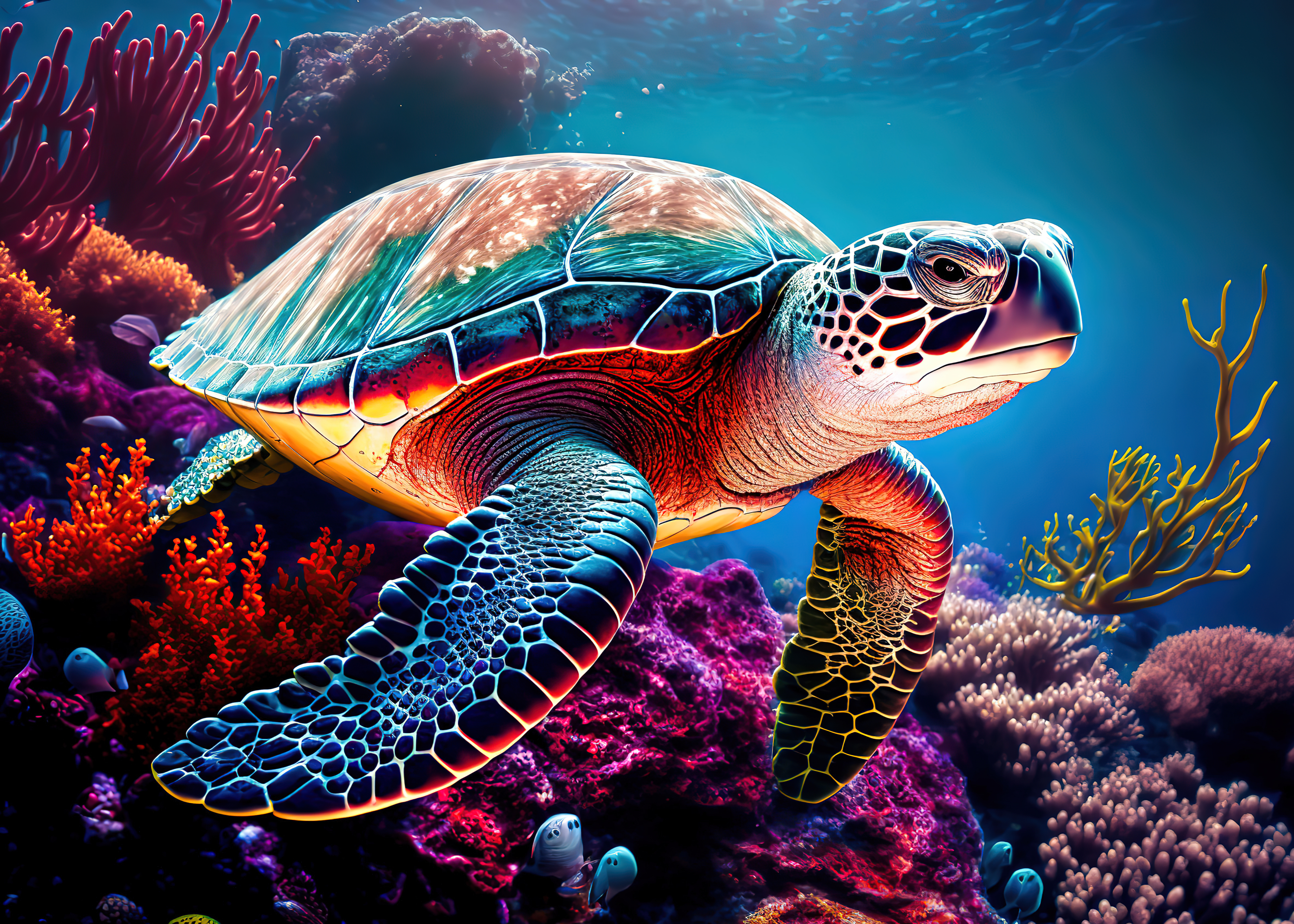 Sea Turtle Wallpaper 4K, AI art, Coral reef, Colorful