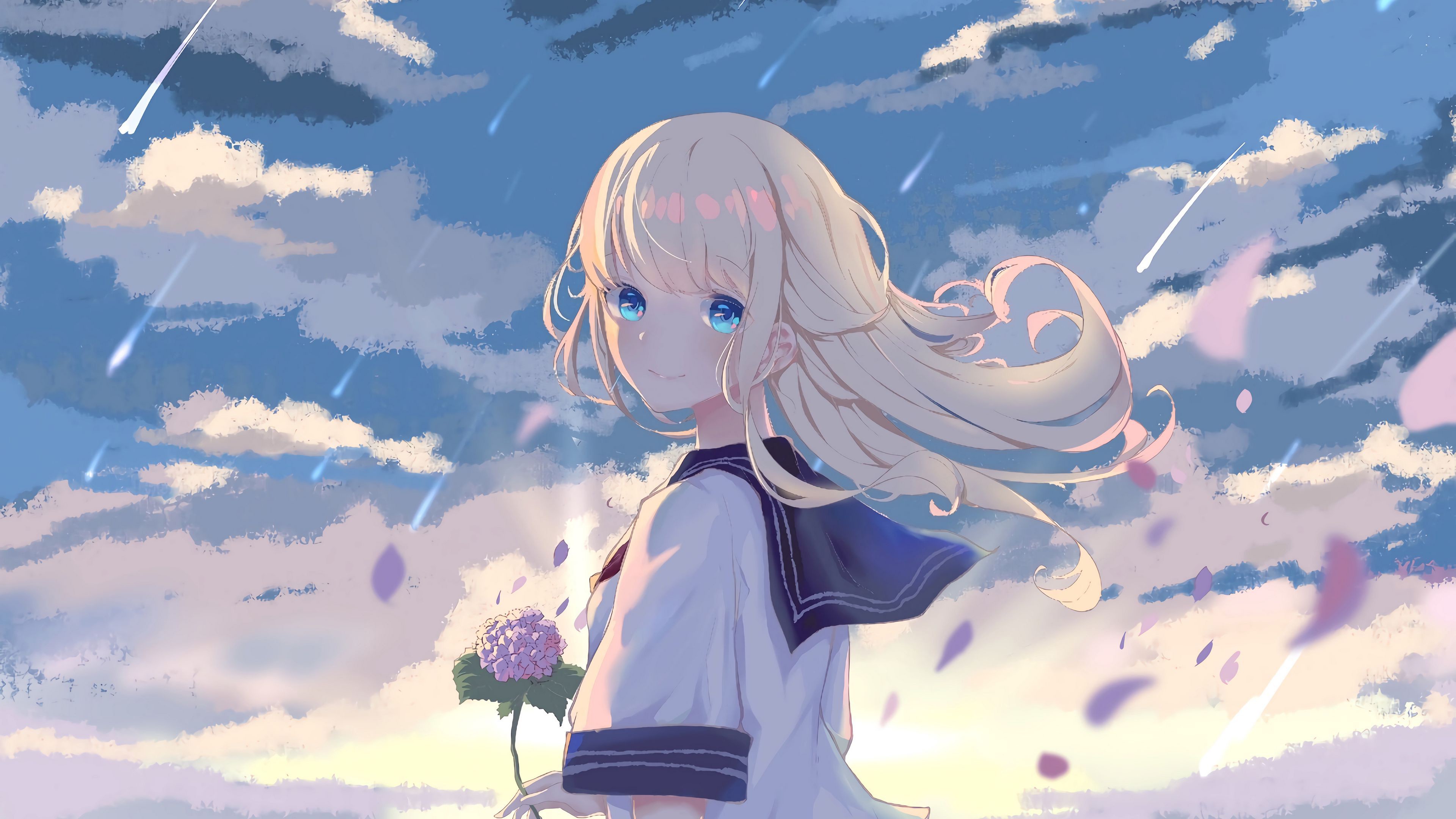 Blue Eyes Anime Girl Uniform White Clouds Blue Sky 4K HD Anime Girl Wallpaper
