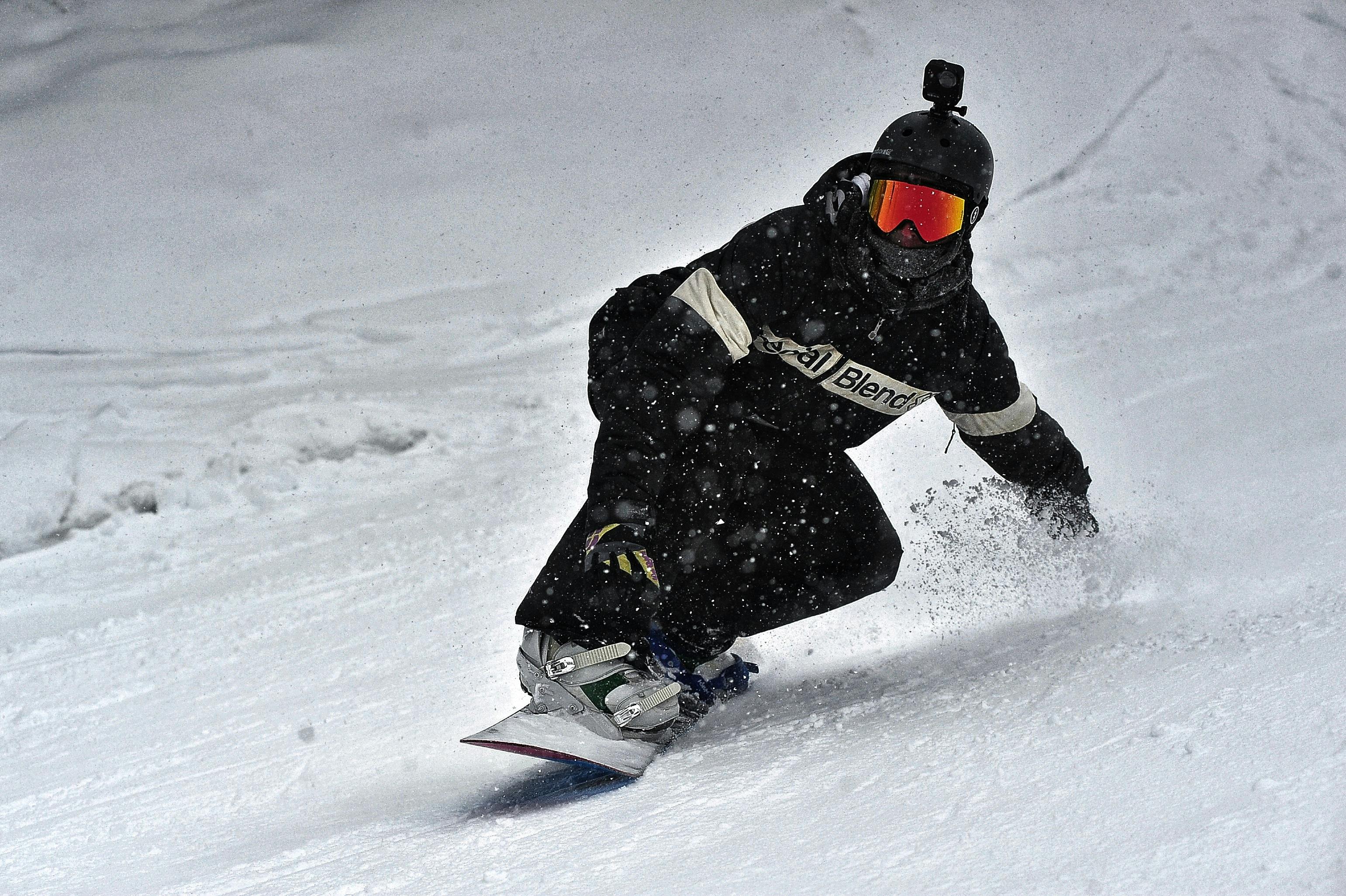 Person in Black Jacket and Black Pants Riding on Snowboard · Free