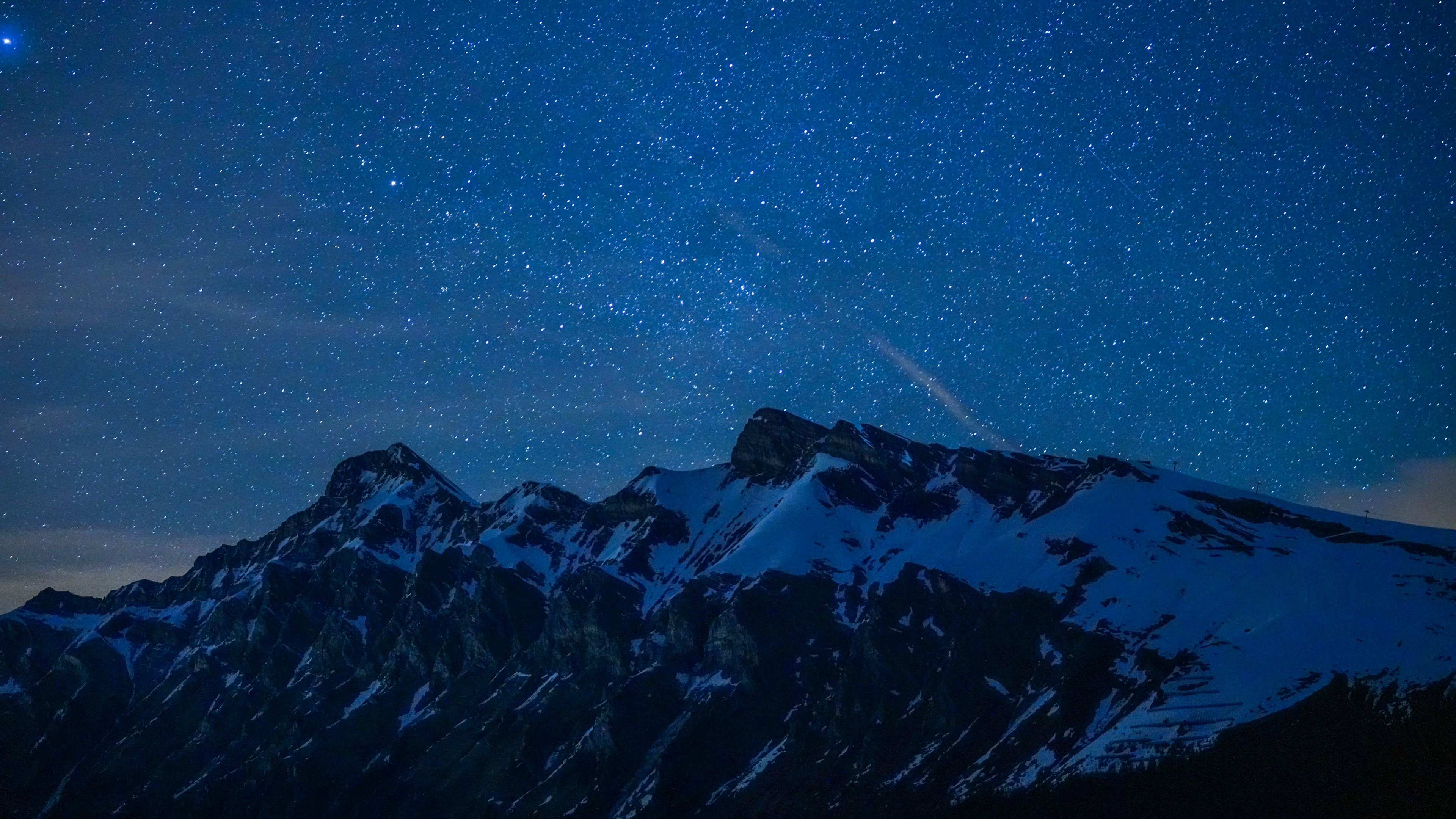 Mountains Snow Starry Sky Nighttime Stars Dark 4K HD Dark Background Wallpaper