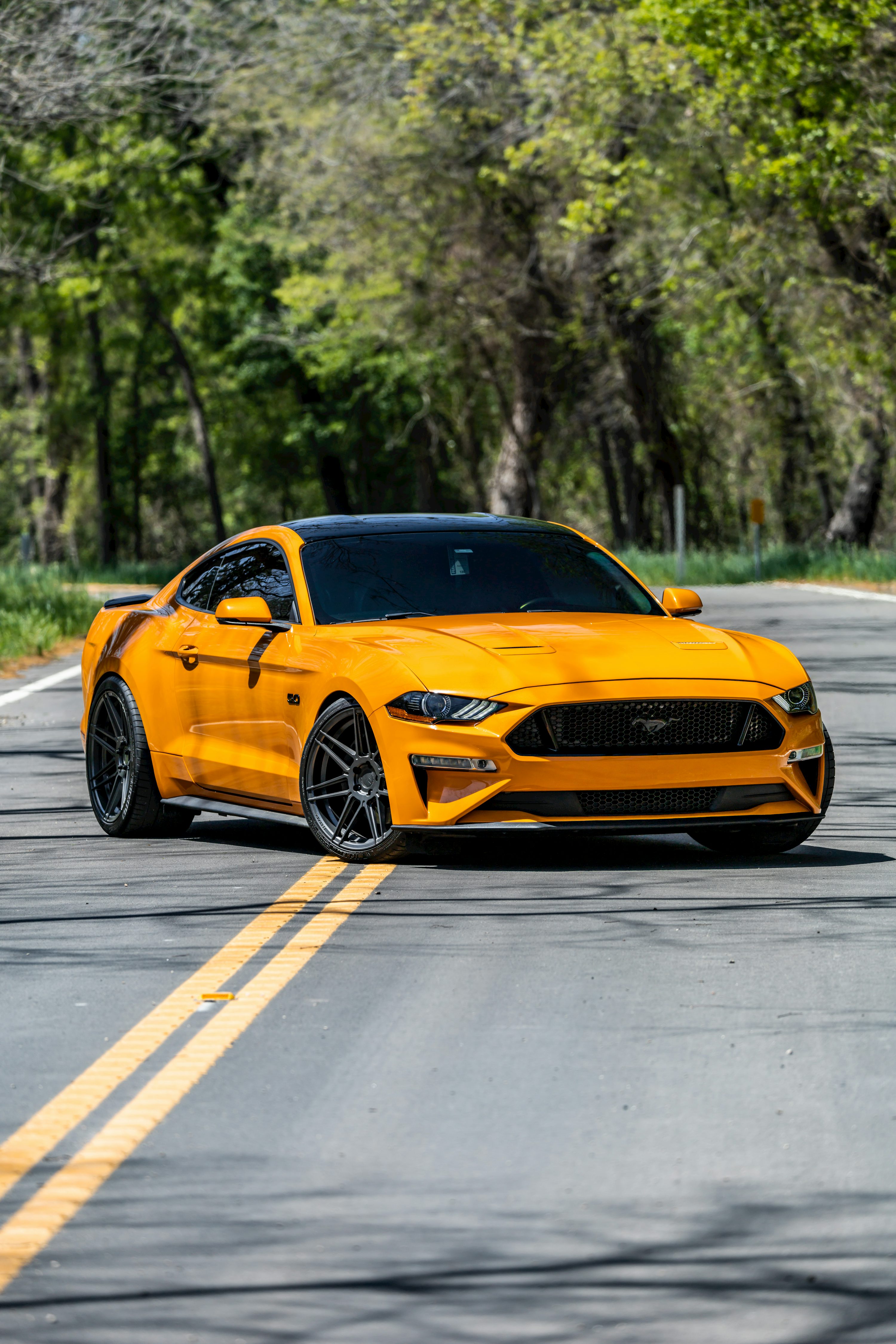 A yellow ford mustang parked on the side of the road photo