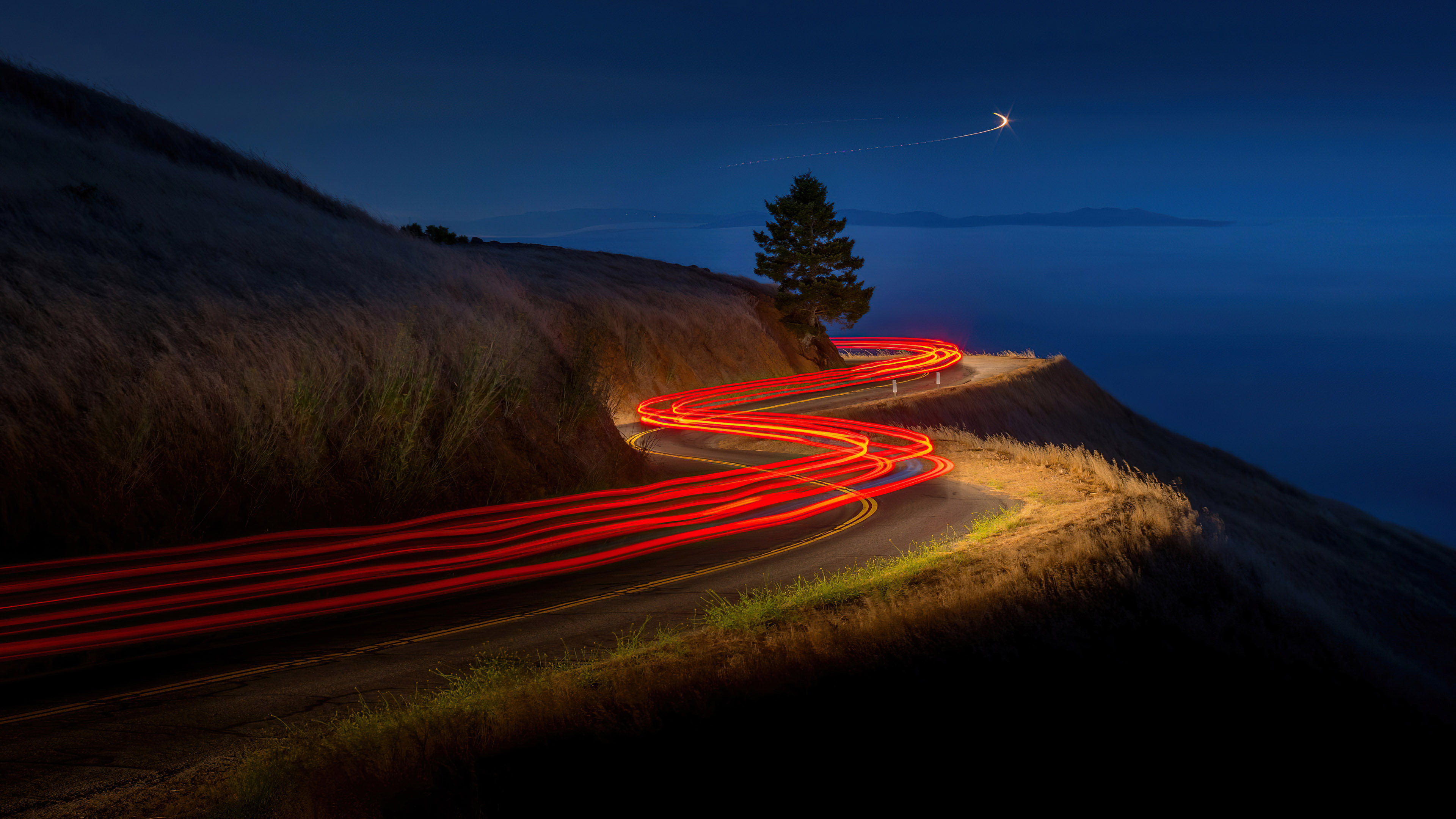Time Lapse Night Road Mountain Blue Sky Background 4K HD Photography Wallpaper