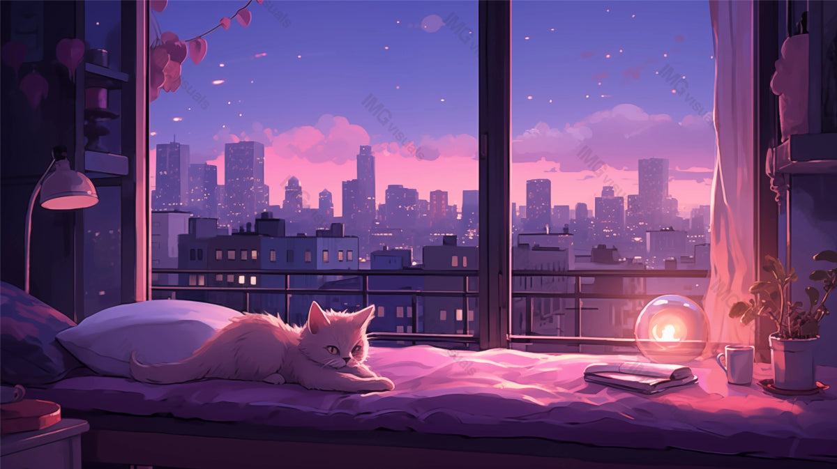 Fluffy cat rests on bed with urban sunset window ai generated 2D cartoon illustration