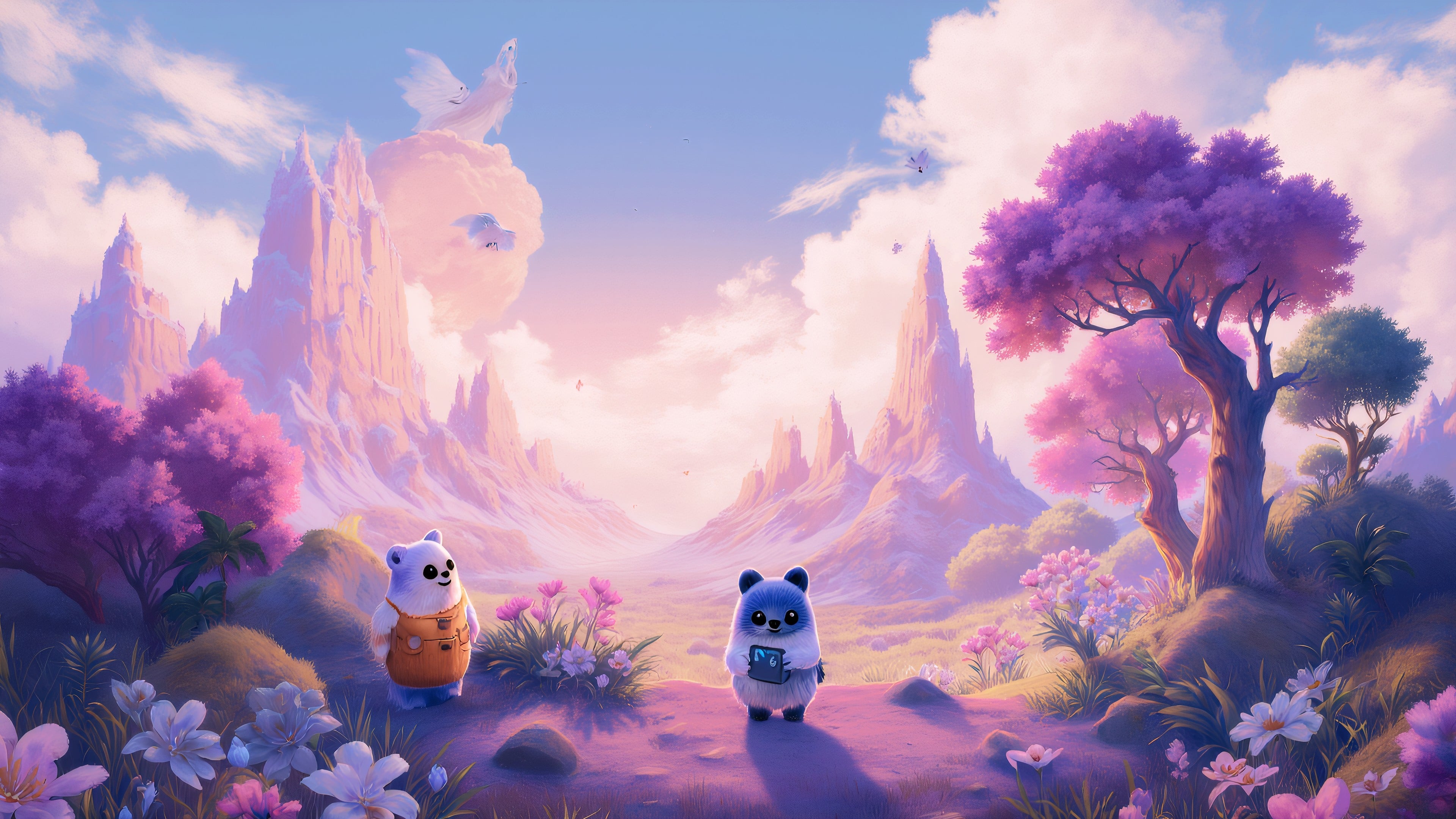 Fantasy aesthetic landscape with kawaii characters, flowers, pink and green trees Wallpaper 4k for Desktop