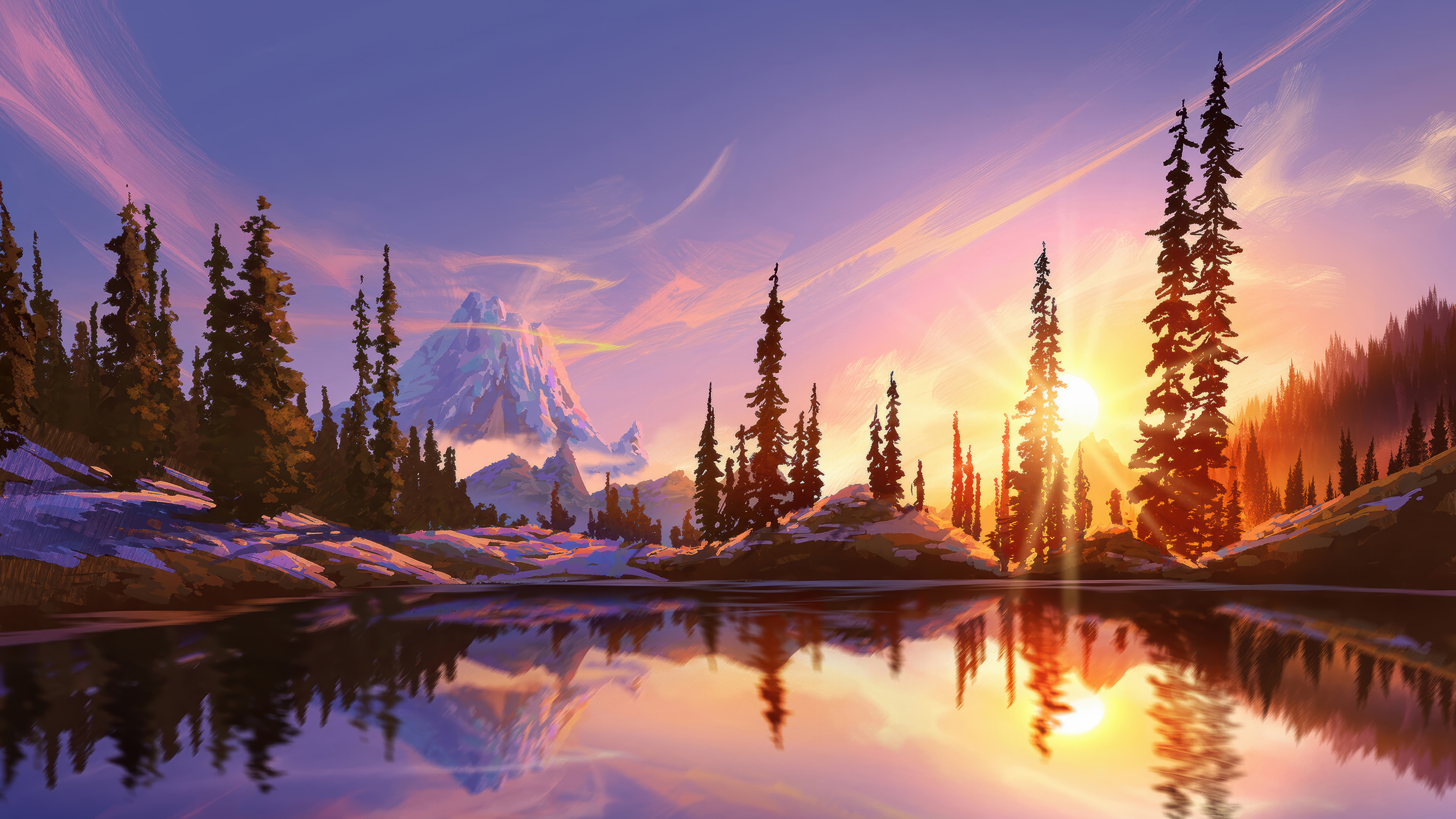 Mountain Lake Sunset Scenery Wallpaper 4K HD PC e