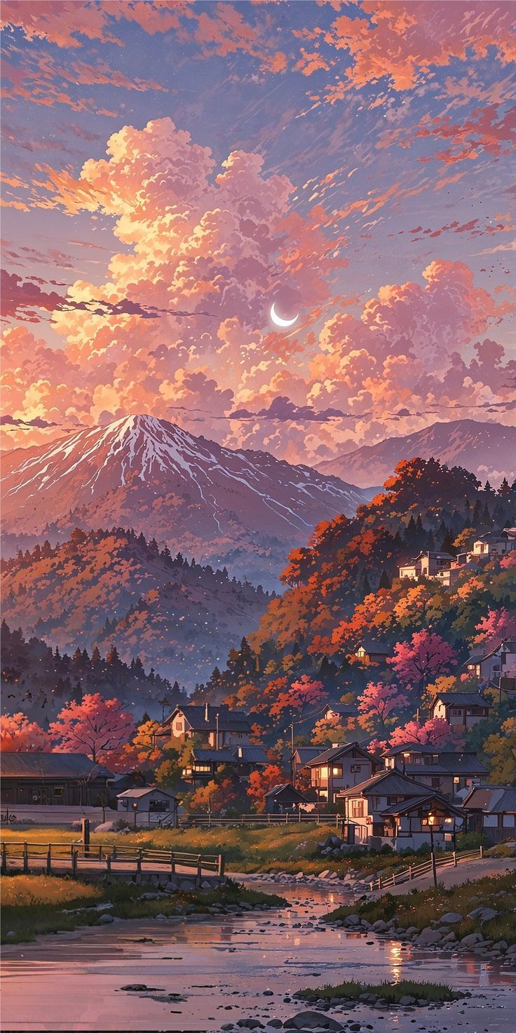 Anime Snowcapped Mountain Cloudscapes Little Village Japan Best X Twitter Unique Creative Wallpaper And Background For IPhone 17 Series Including 17 Pro Max And IPhone Air