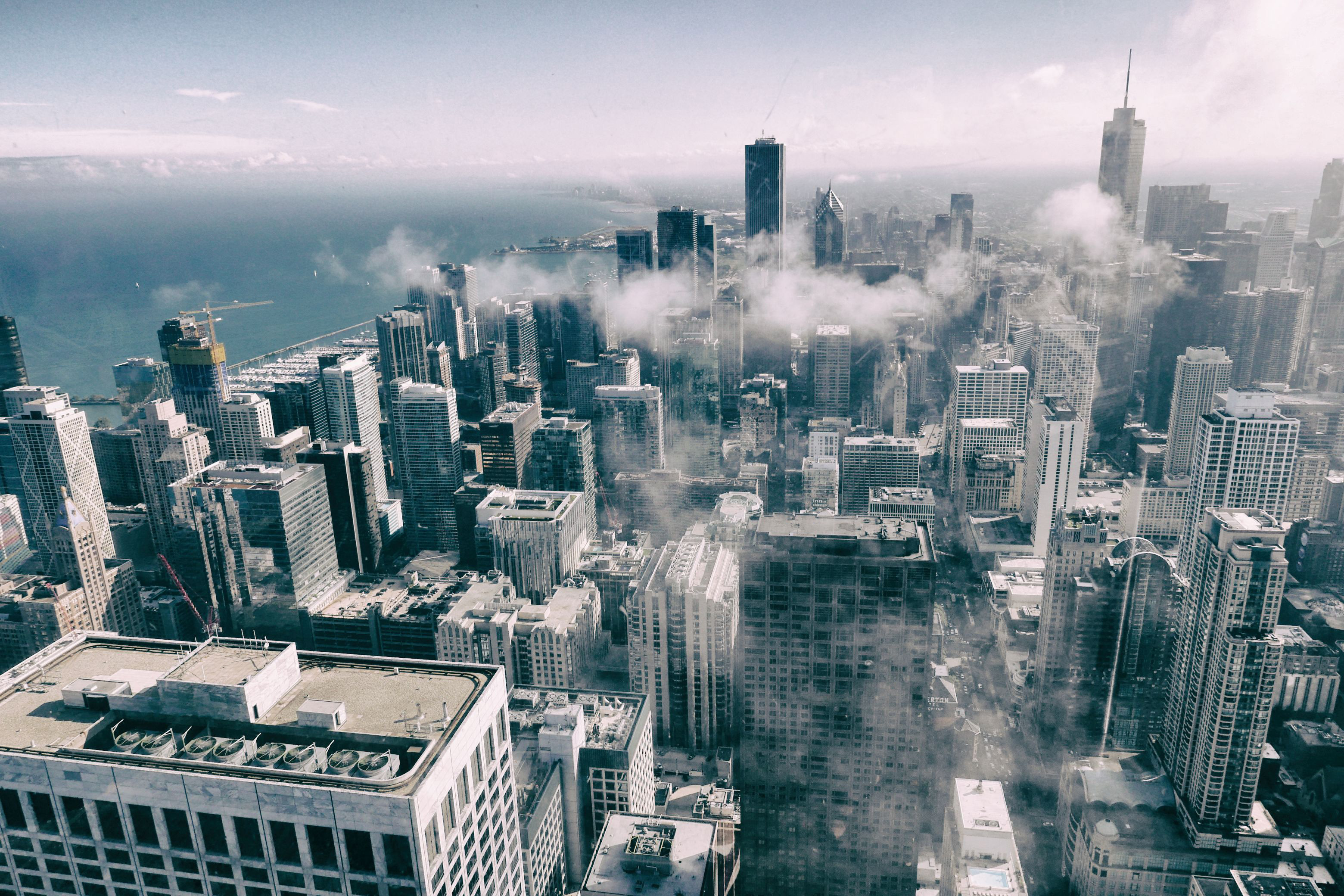 Aerial View Of Buildings Smoke Fog Monochrome Wallpaper, HD Photography Wallpaper, 4k Wallpaper, Image, Background, Photos and Picture
