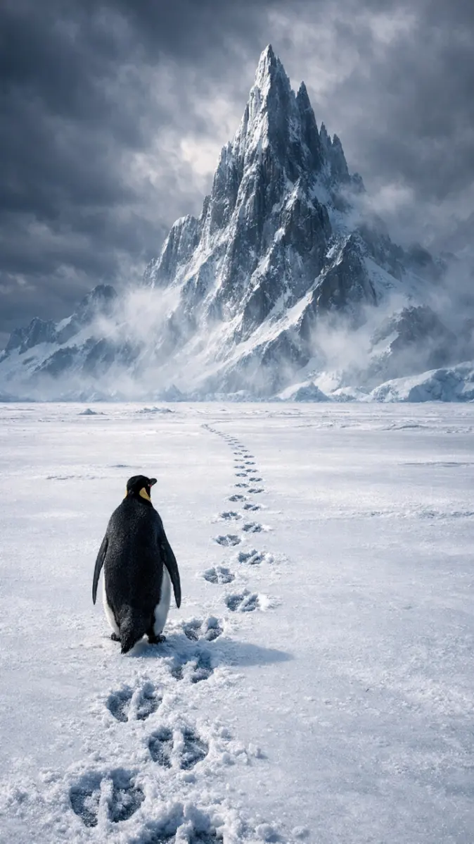 Lonely Penguin in Frozen WildernessK Cinematic Wallpaper wallpaper