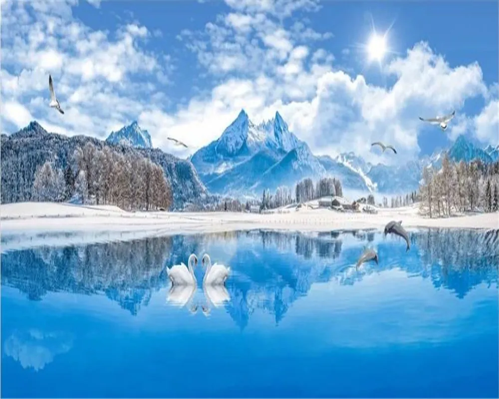 3D Silk Wallpaper Swan Lake Landscape Painting Snow Mountain Living Room Decorative from Dhgate Wallpaper 35.18