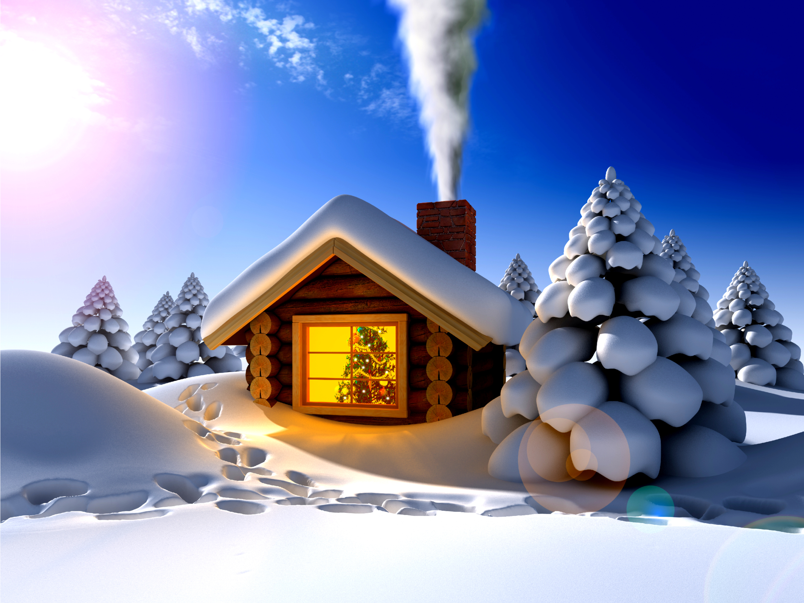 Desktop wallpaper: 3D, Christmas, Holiday, Cabin, Smoke, Snow, Tree, Window, Winter 4K free download for PC. 213008