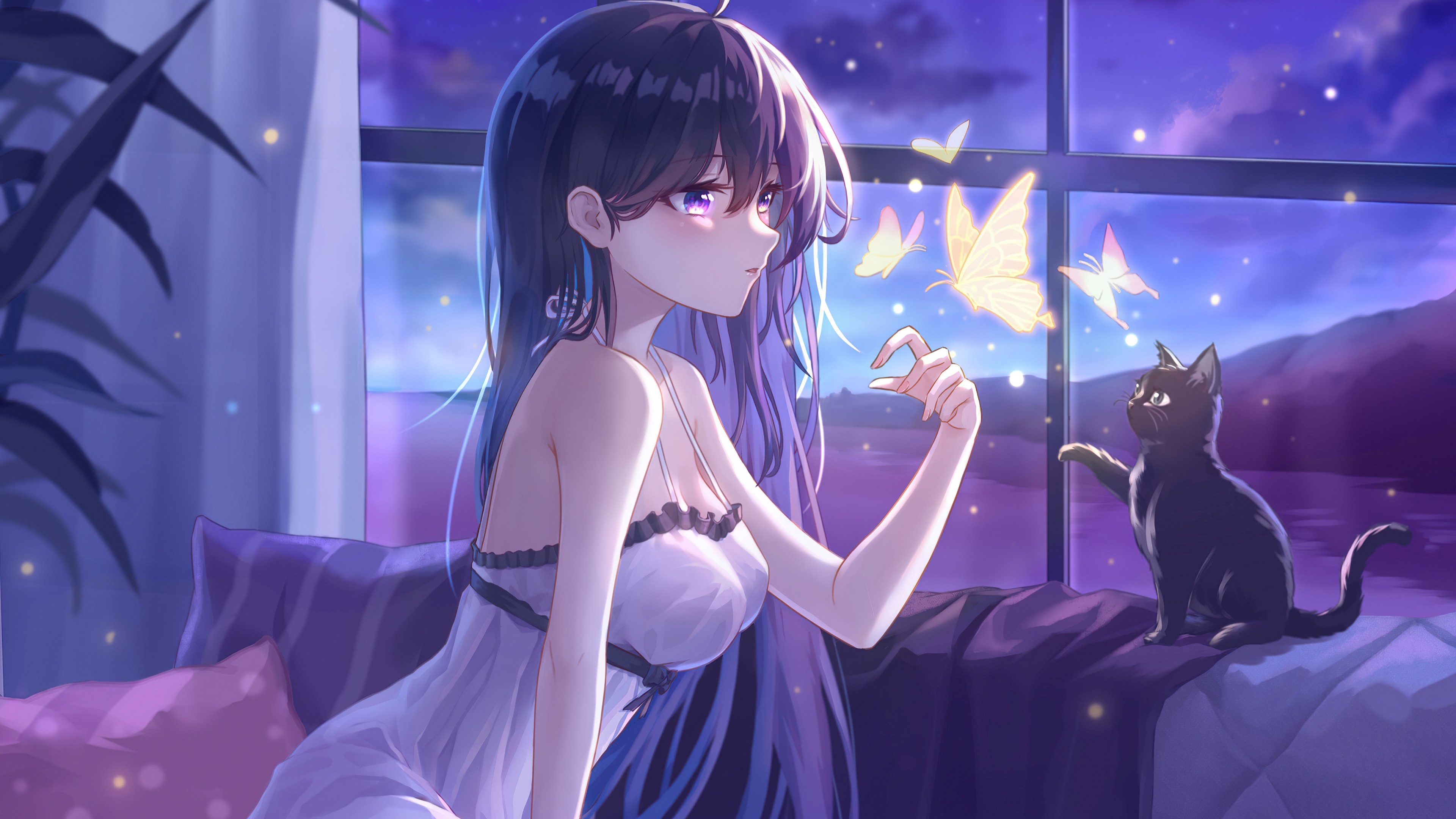 Purple Eyes Anime Girl With White Dress Sitting Near Black Cat 4K HD Anime Girl Wallpaper