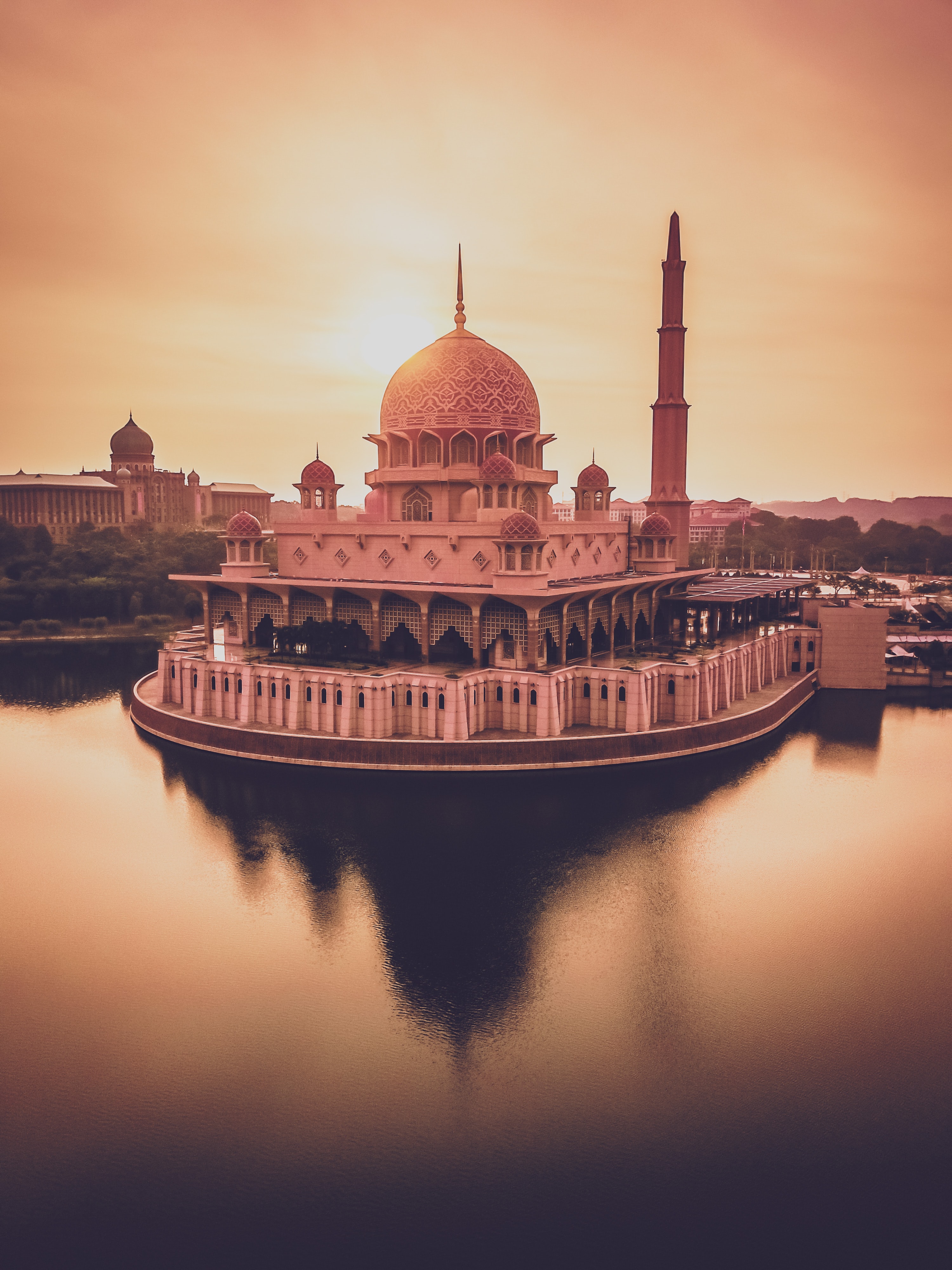 Download wallpaper 3000x4000 temple, architecture, building, cupola, water, sunset HD background