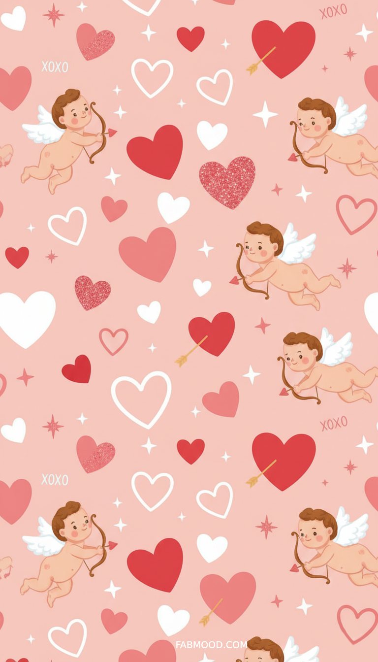 Cute Cupid Valentine's Day Wallpaper with Hearts for iPhone & Phone
