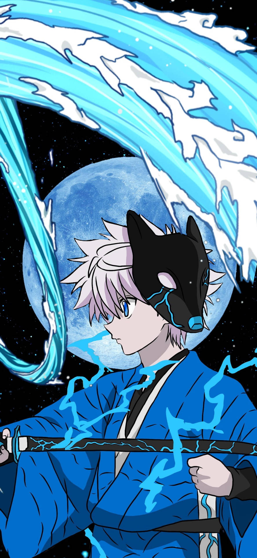 Download Blue Killua Zoldyck With Fox Mask Wallpaper