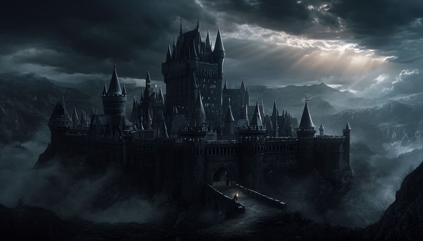 Eerie Dark Fantasy Castle Surrounded by Misty Landscape Art // Virtual Background