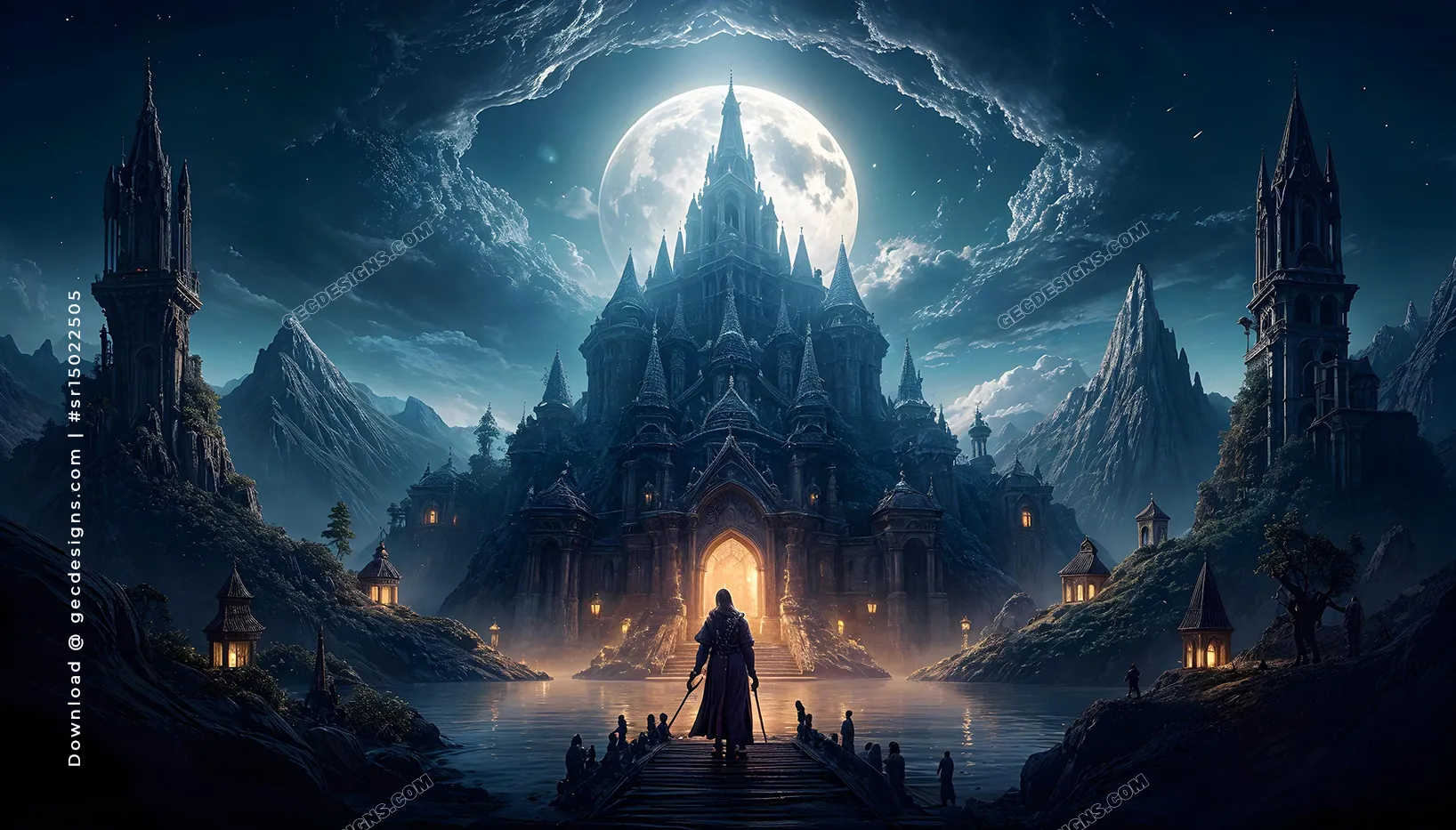 Dark fantasy scene with scary Haunted castle and Demonic figure full moon background