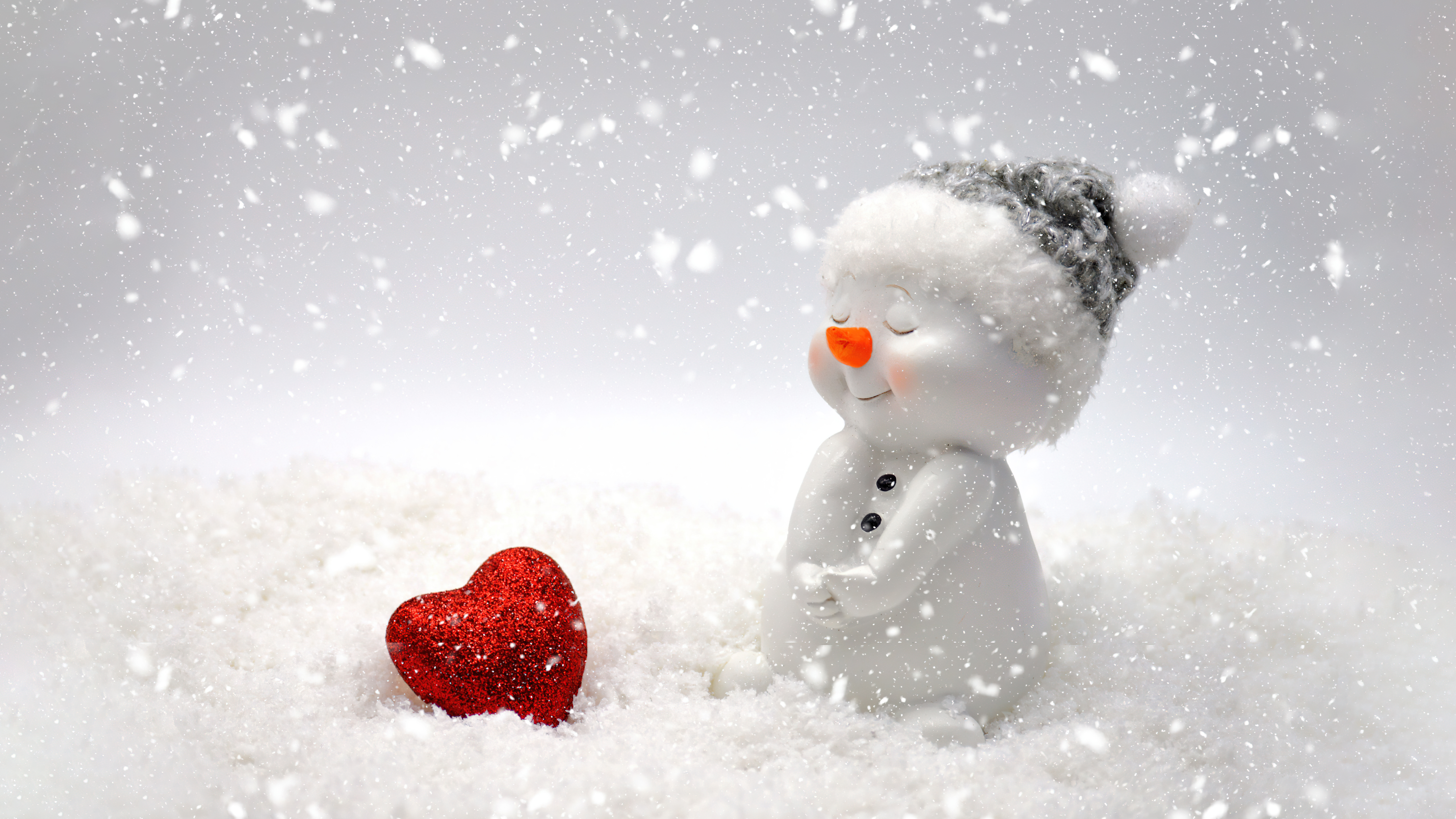Snowman Wallpaper 4K, Red heart, Cute figure, Snowfall