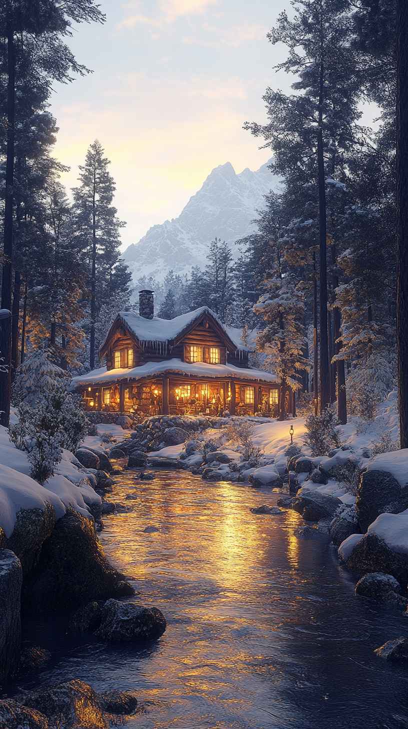 Cozy Cabin Winter Wonderland: 4K & 8K Mobile iPhone Wallpaper