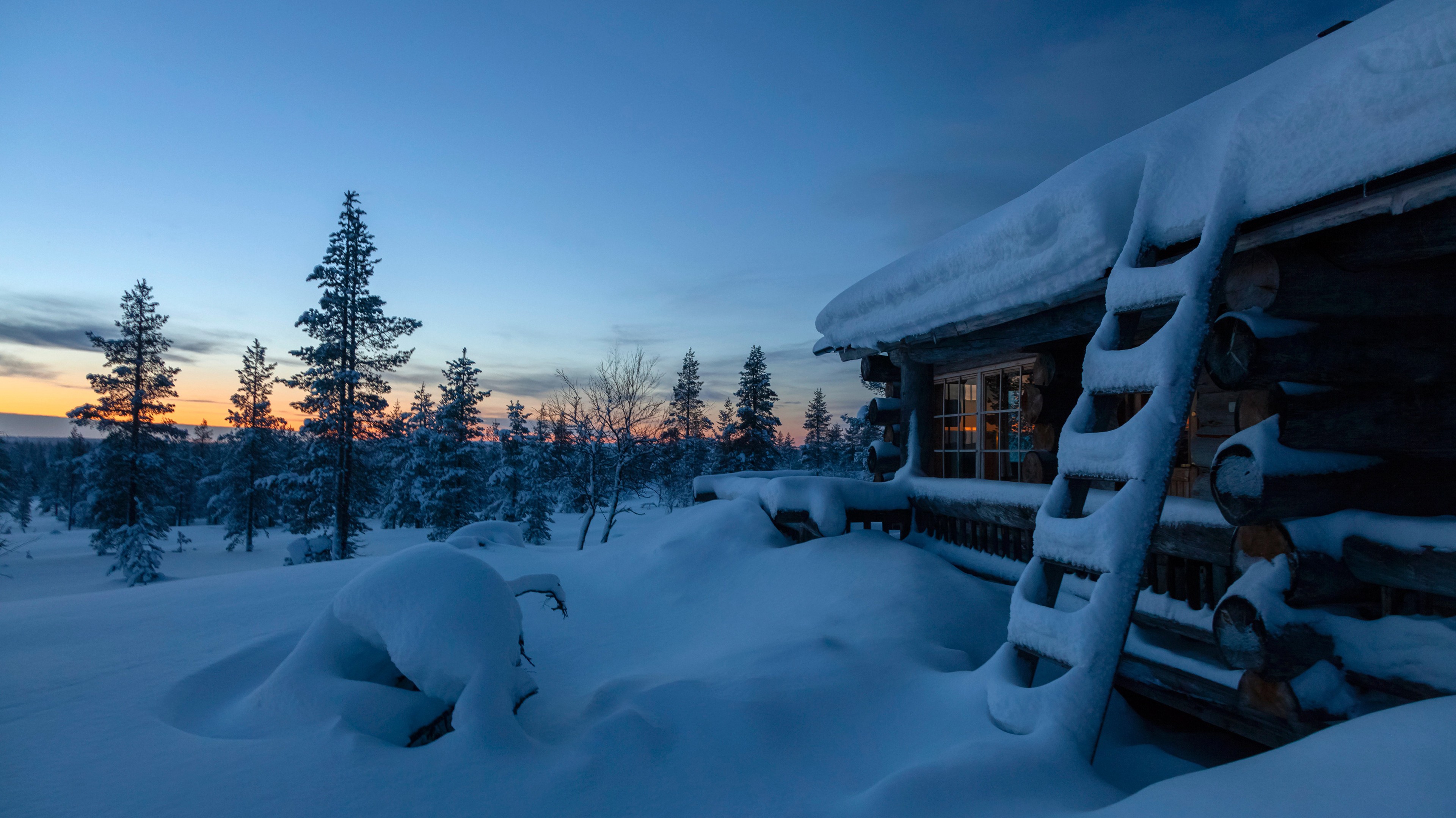 Finland Snow And Cabin Covered With Snow During Sunset 4K HD Winter Wallpaper