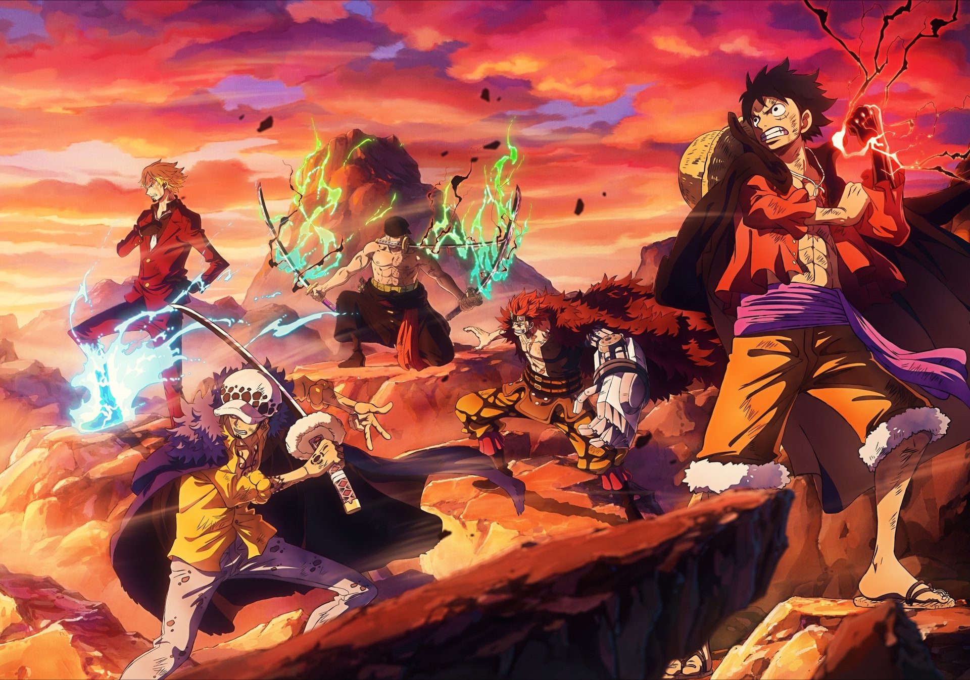 Legendary One Piece Crew: Luffy, Zoro, Sanji, Law & Kid in Epic HD Wallpaper