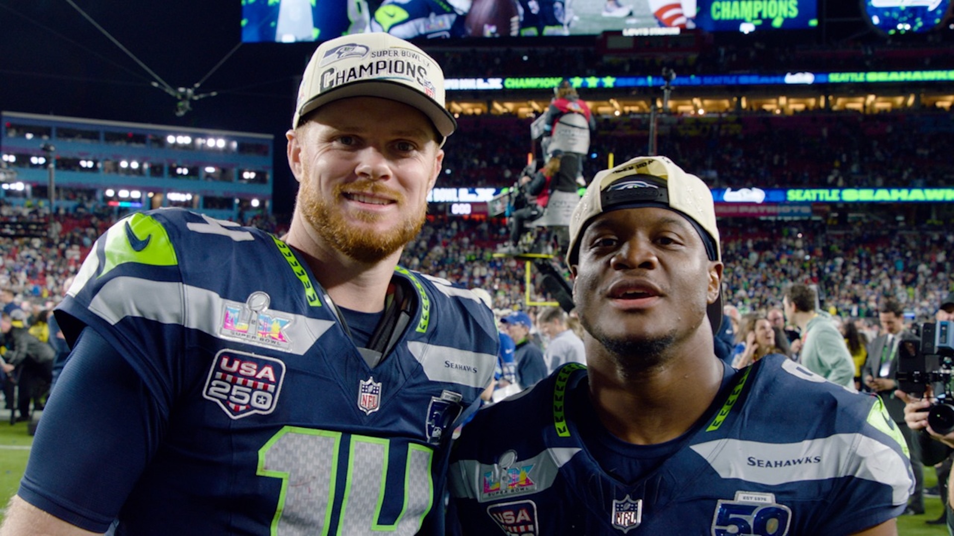 Kenneth Walker III, Sam Darnold, and Seattle Seahawks Celebrate Super Bowl Win at Disneyland Parks Blog