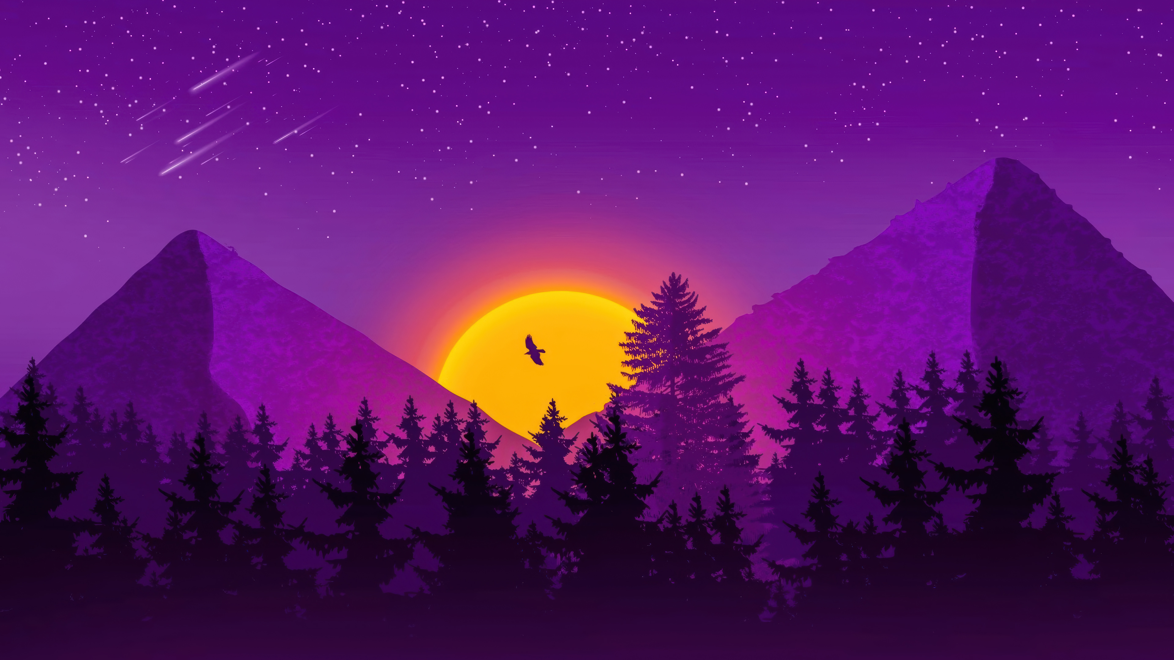 Sunset Mountain Forest Minimalist Wallpaper 4K HD PC e