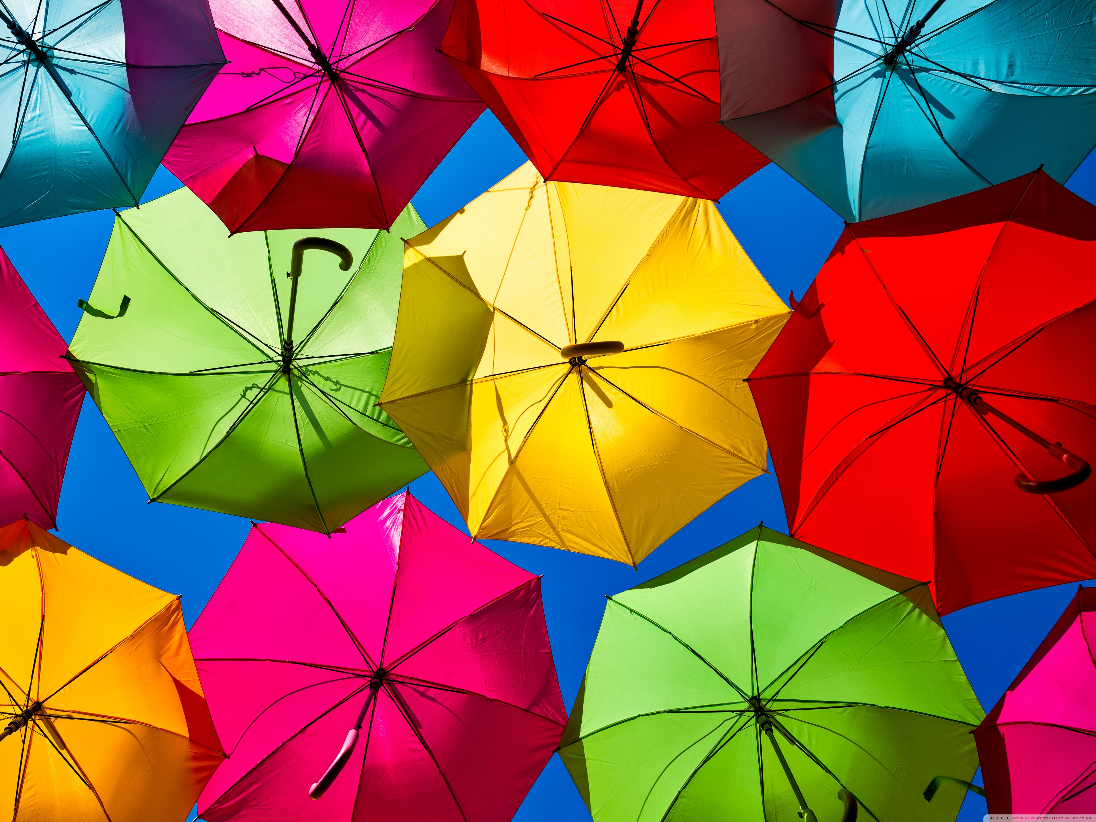 Colorful, Umbrellas, Sky, Floating, Street Art, Aesthetic, Cheerful, Whimsical 4K UHD Wallpaper for UltraHD Desktop and TV, Widescreen and UltraWide Display, Dual Monitor, Smartphone and Tablet Devices