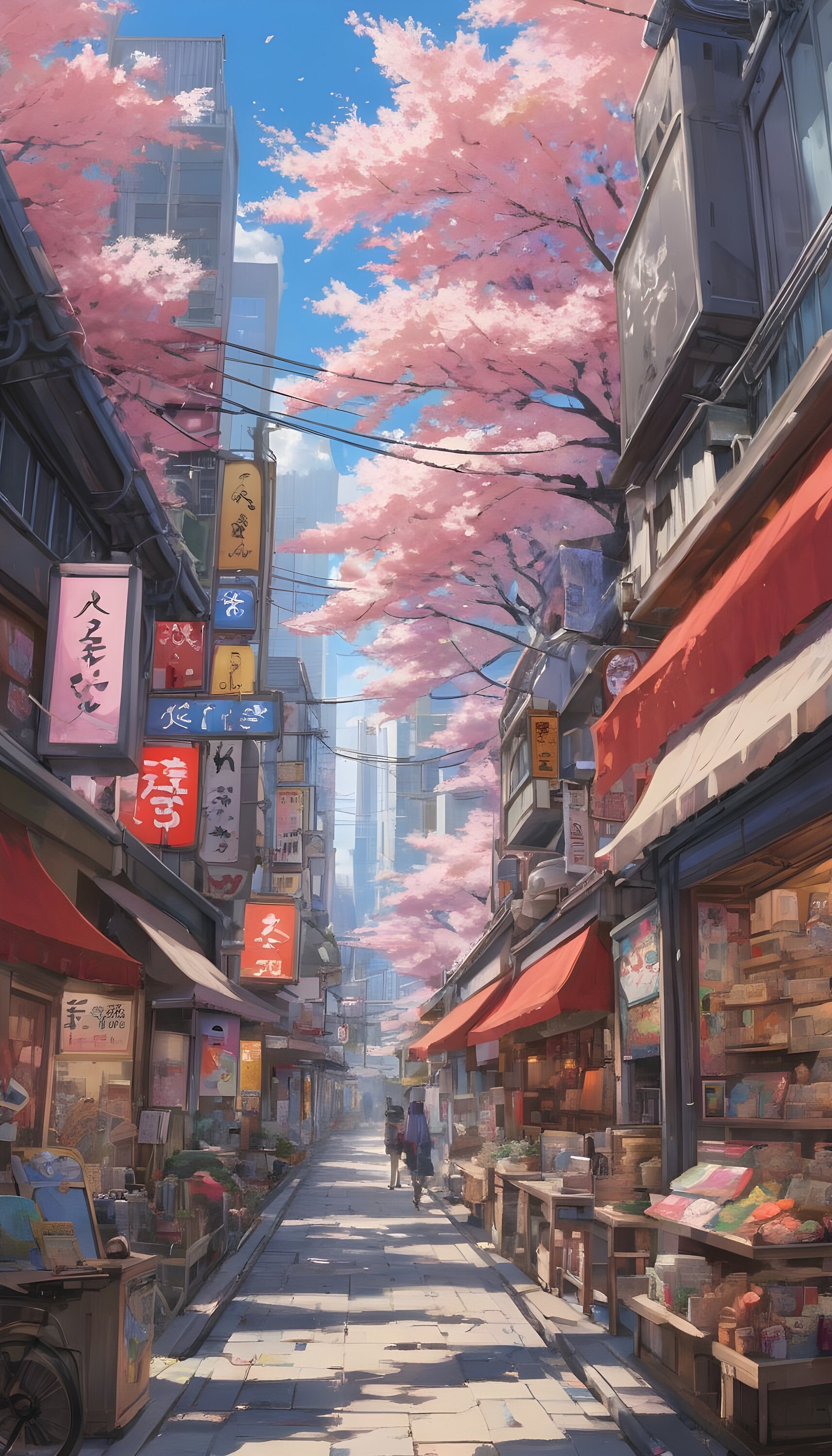 Tokyo street view with cherry blossom manga anime style 4k Wallpaper