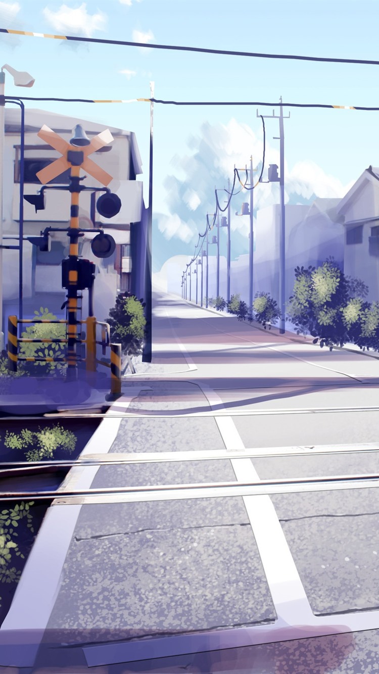Railway Crossings, Road, Houses, Anime 750x1334 IPhone 8 7 6 6S Wallpaper, Background, Picture, Image