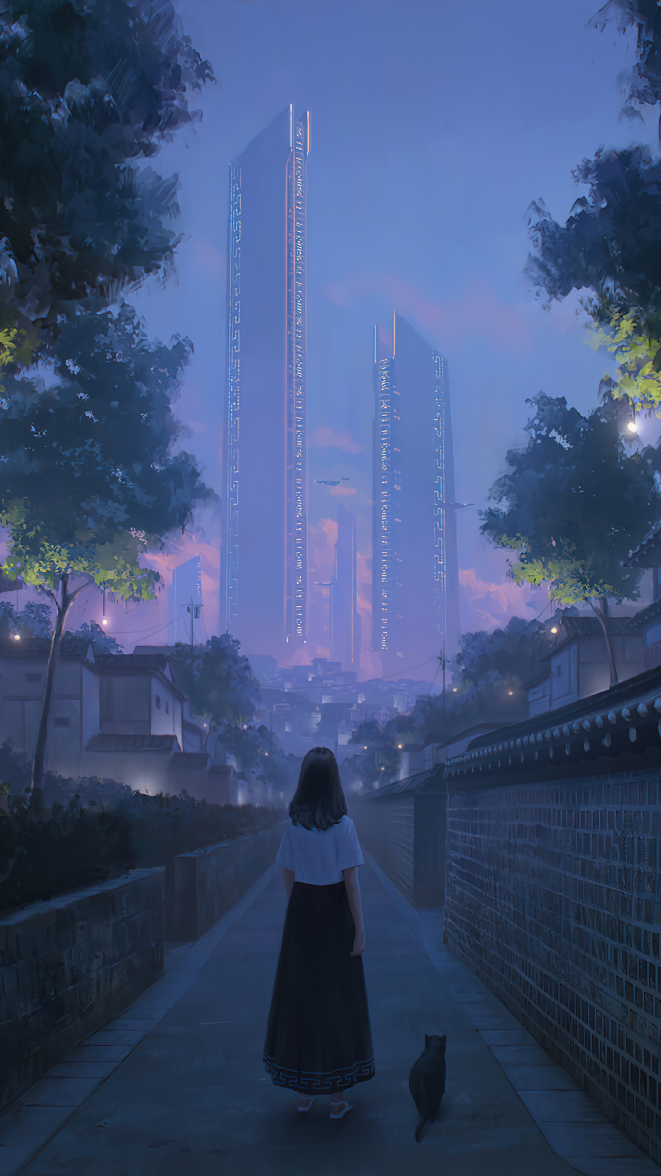 Anime Girl Night City Alley Walking Wallpaper iPhone Phone 4K f