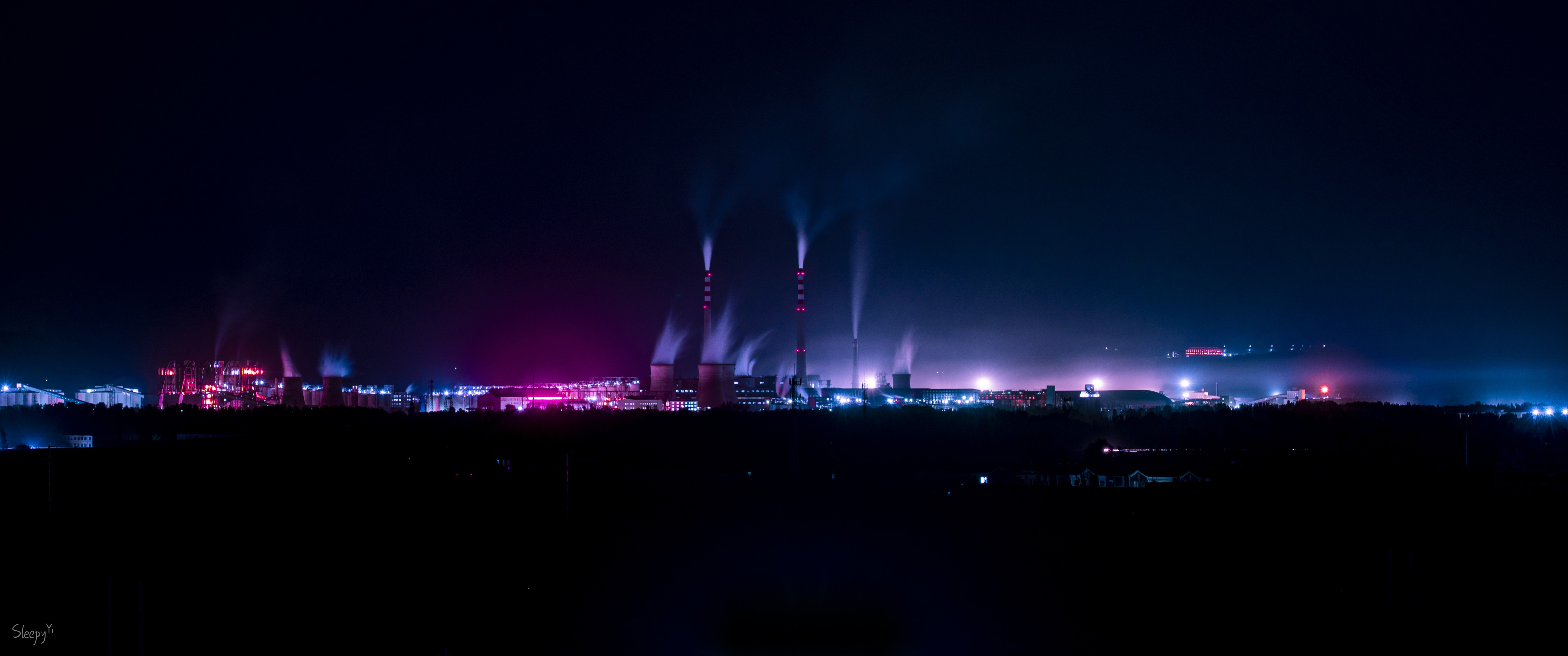 4K, dark, night, watermarked, factory, building, ultrawide, HD Wallpaper