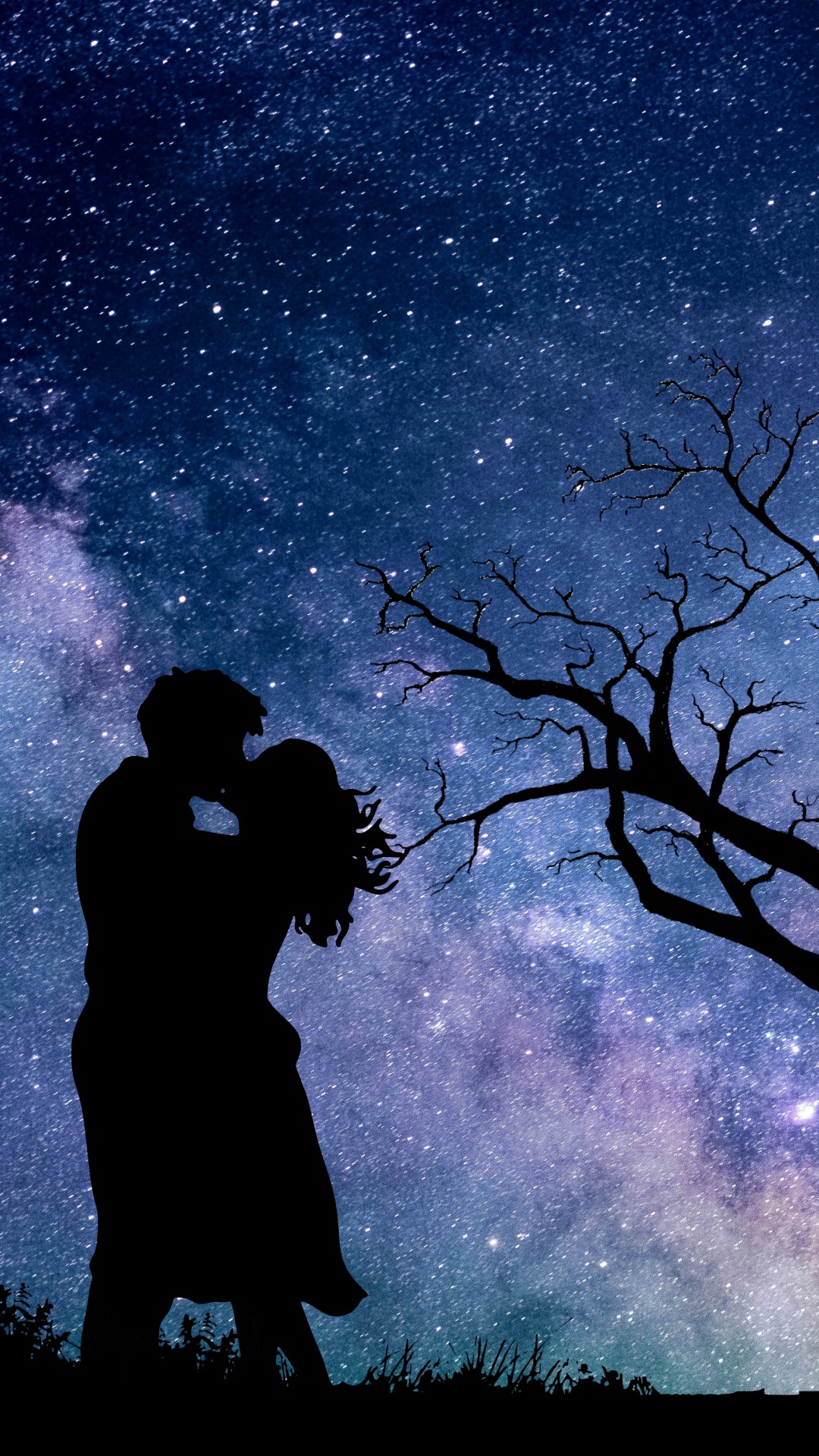 Couple Wallpaper 4K, Night, Romantic kiss, Silhouette