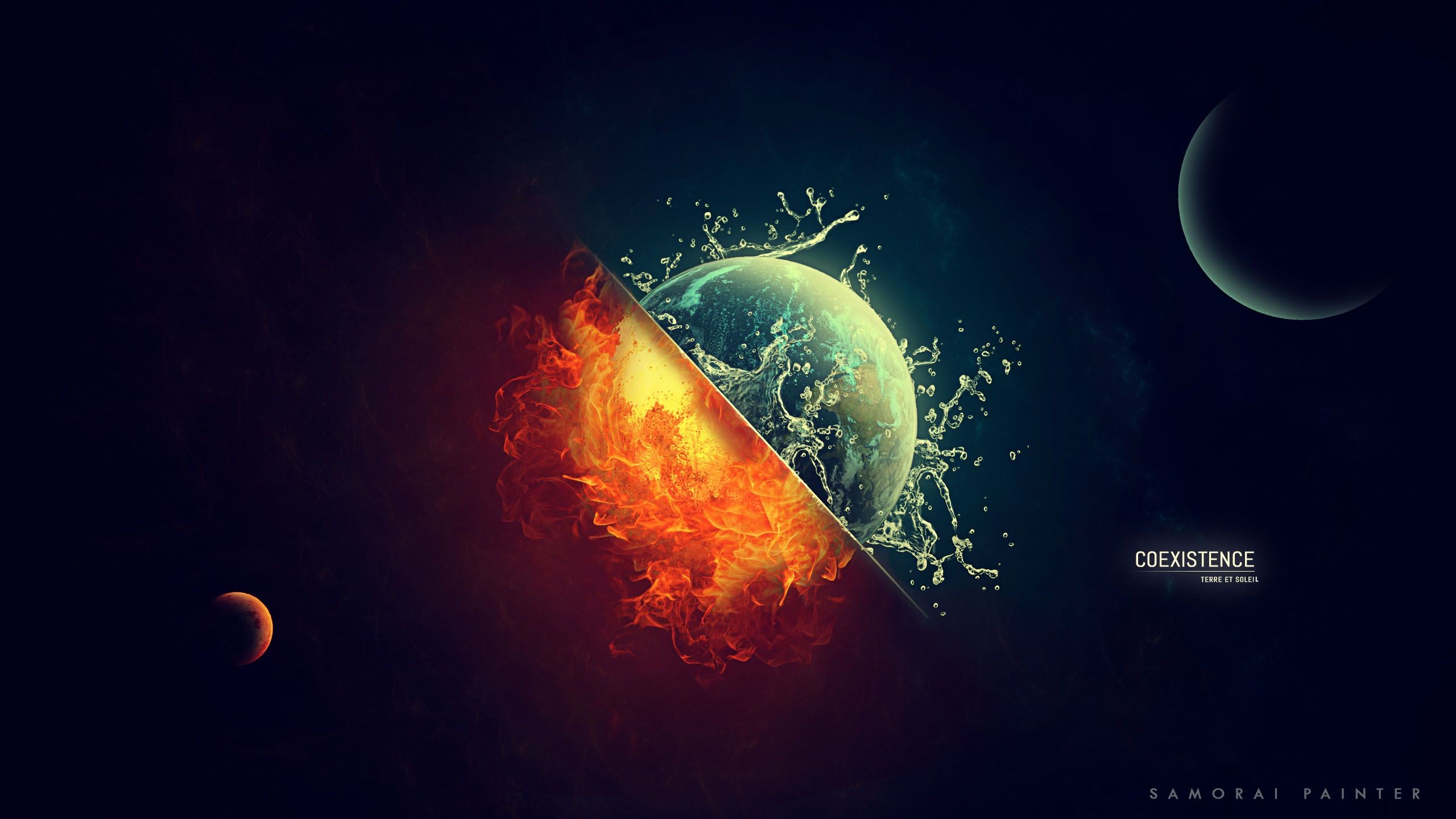 digital Art, Space, Universe, Planet, Sun, Moon, Earth, Fire, Burning, Water, Splashes, Coexist Wallpaper HD / Desktop and Mobile Background