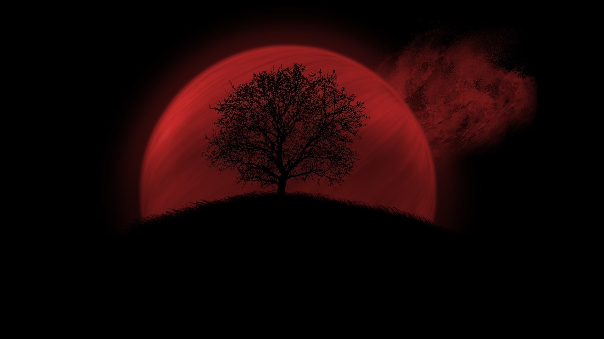 Blood Moon Silhouette: Artistic Red Tree HD Wallpaper
